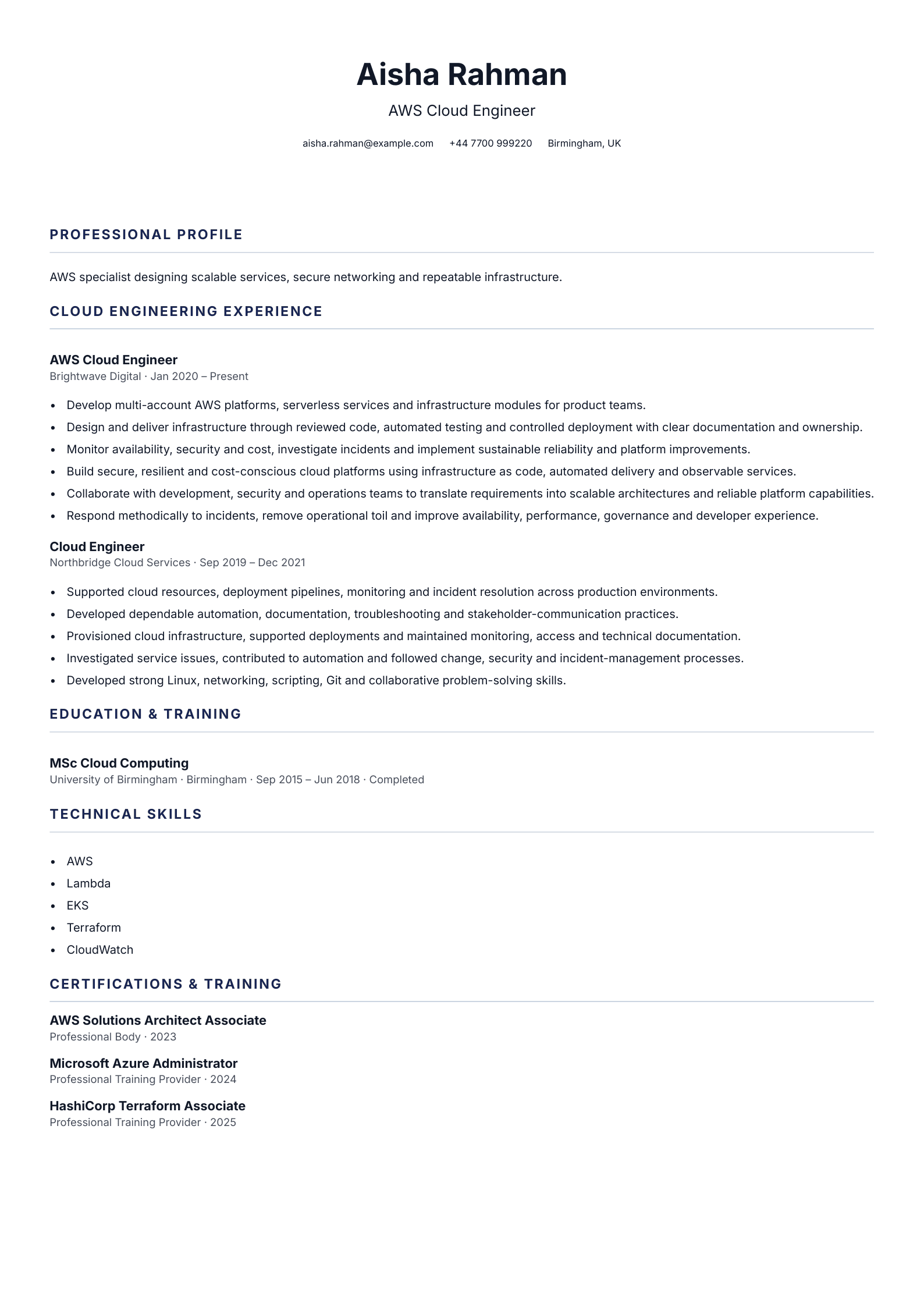 AWS Cloud Engineer CV template