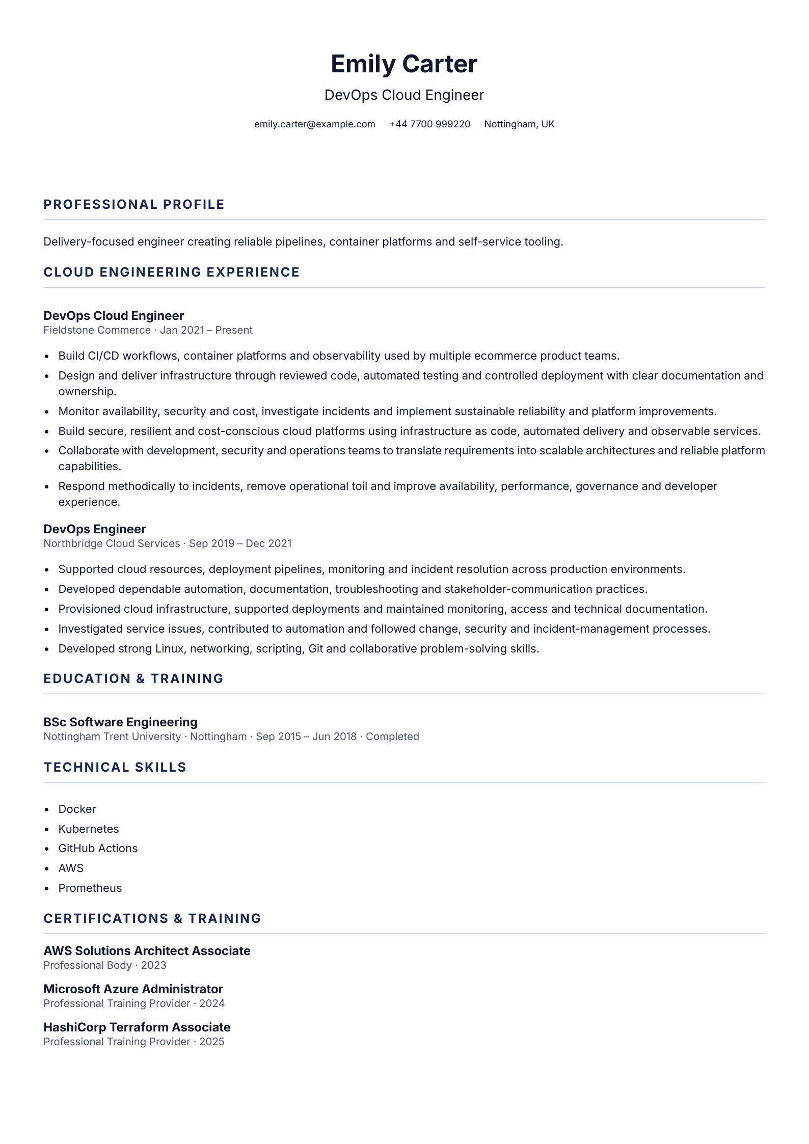 DevOps Cloud Engineer CV template