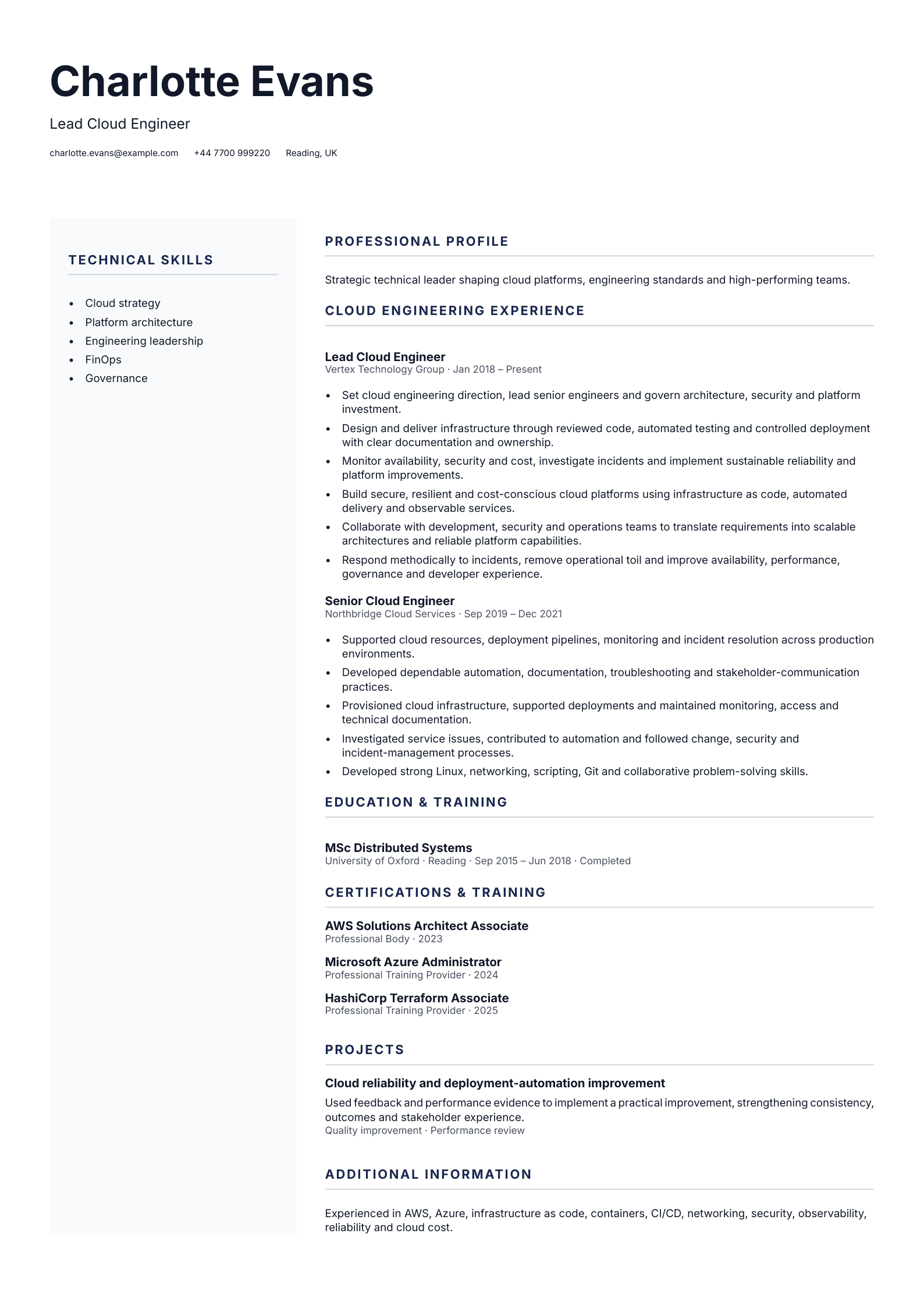 Lead Cloud Engineer CV template