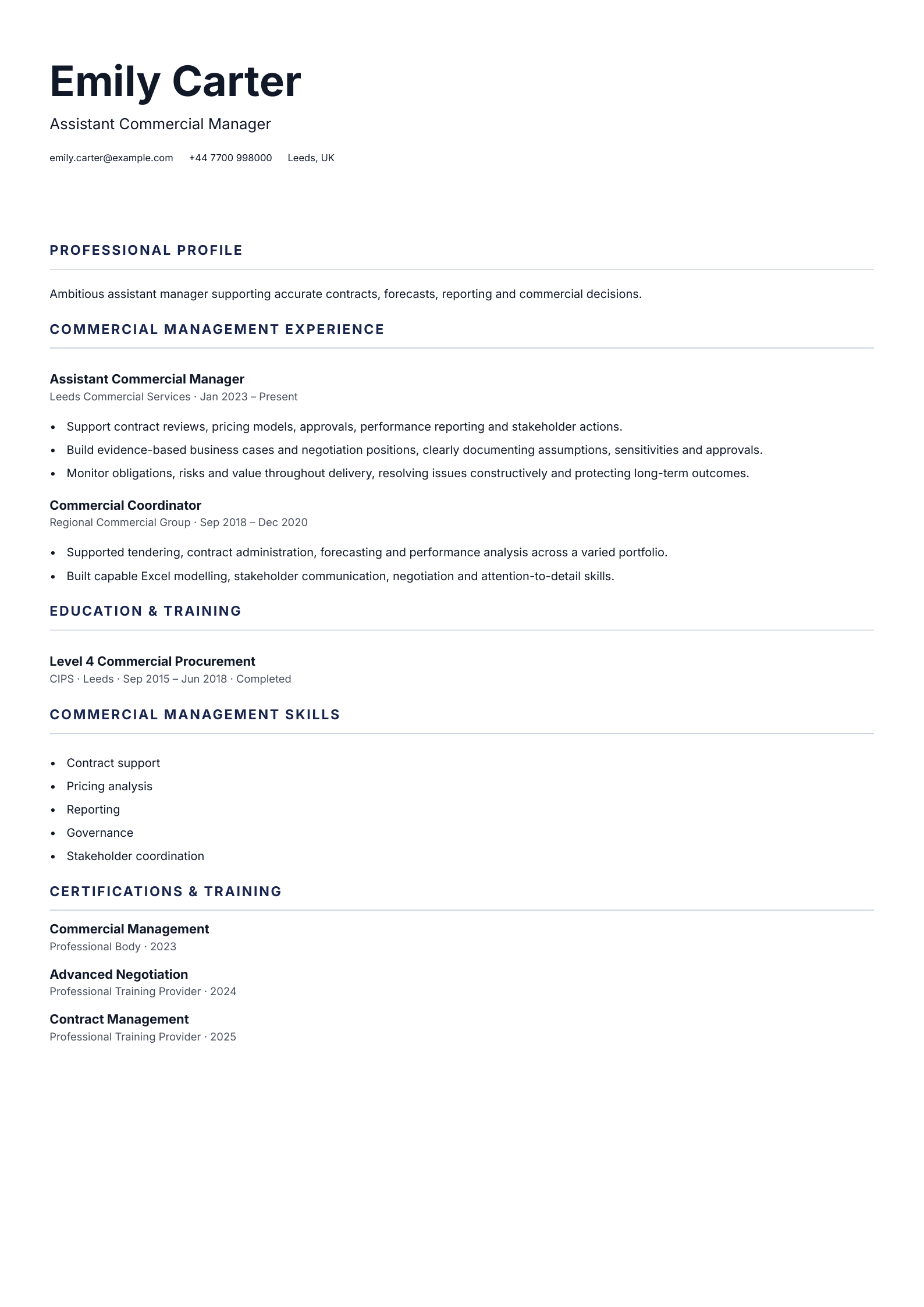 Assistant Commercial Manager CV template