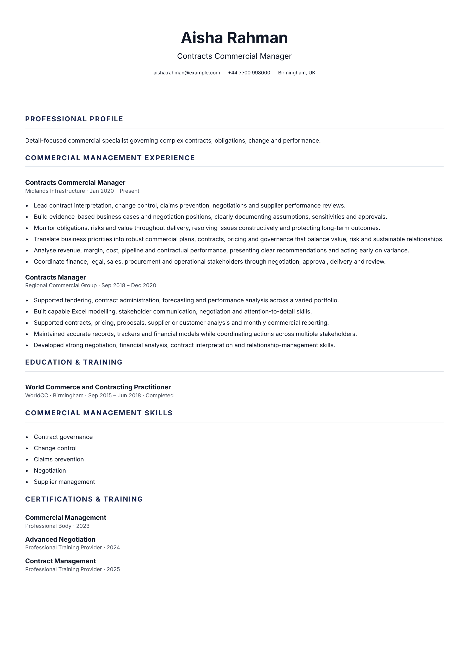 Contracts Commercial Manager CV template