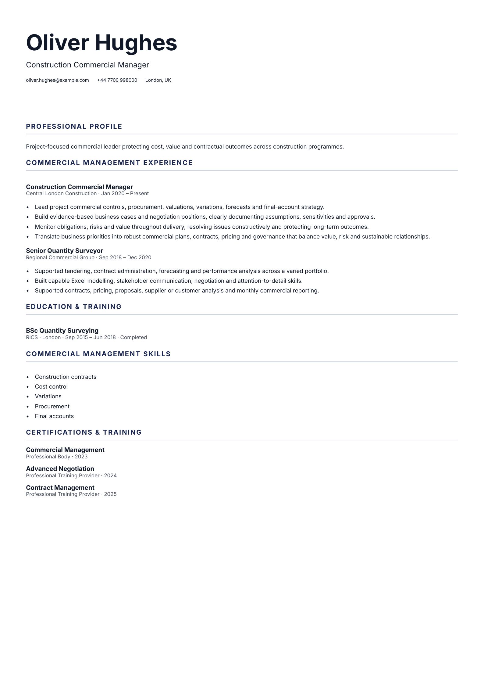 Construction Commercial Manager CV template