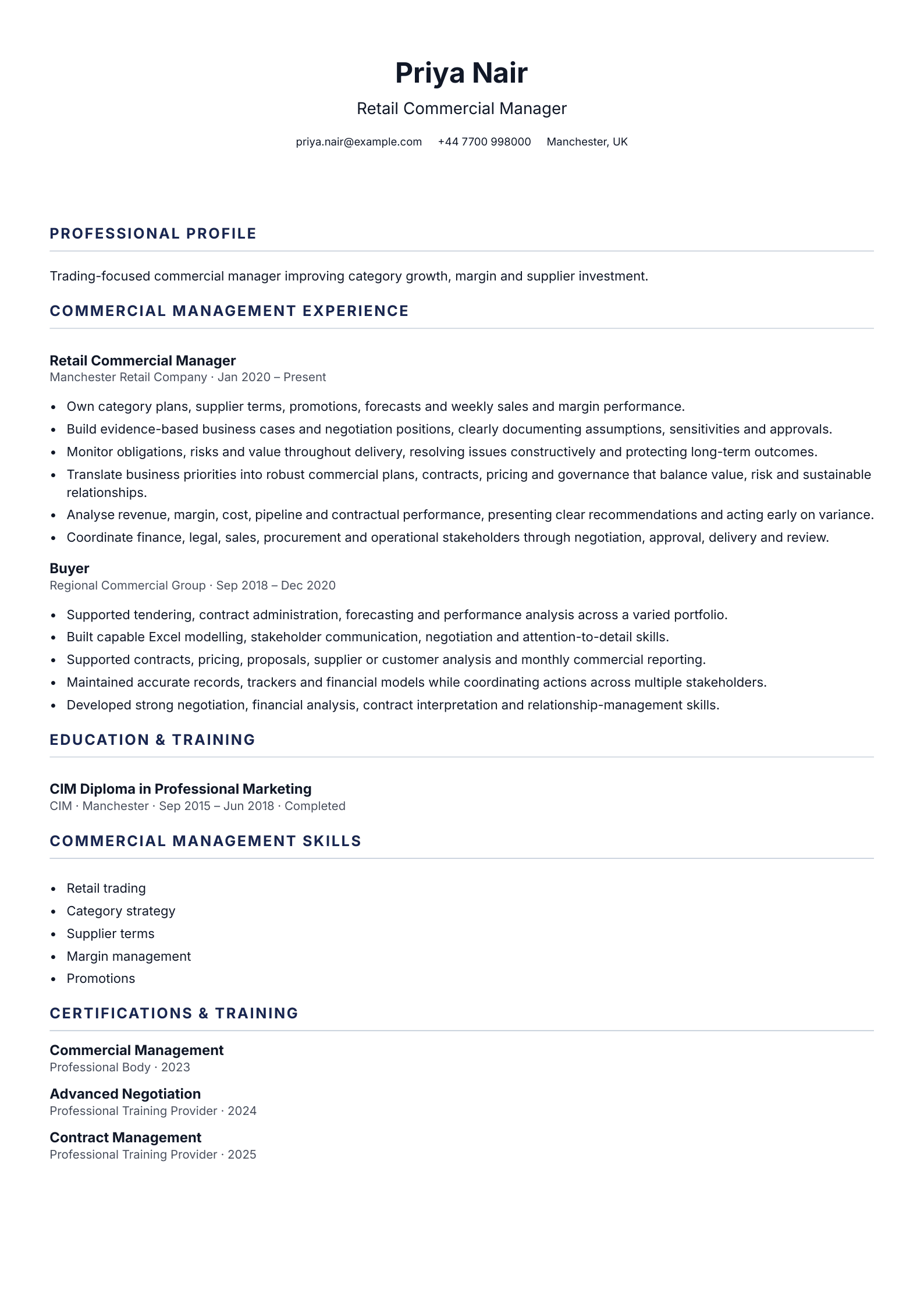 Retail Commercial Manager CV template