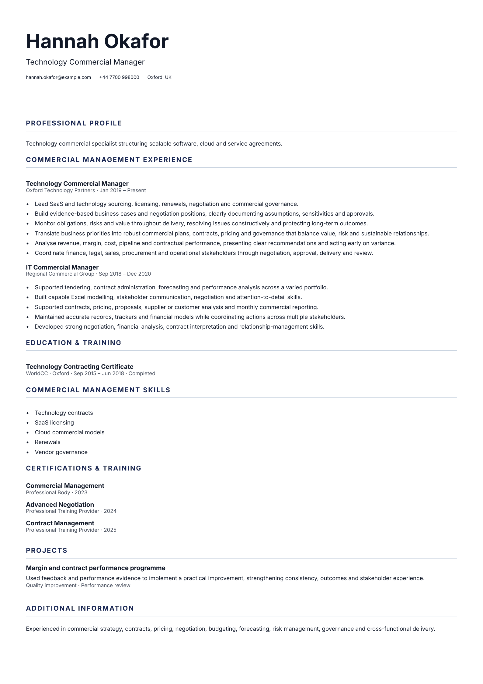 Technology Commercial Manager CV template