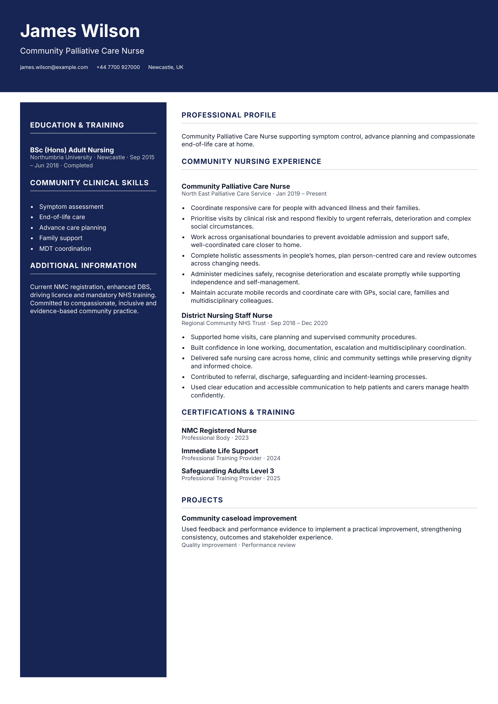 Community Palliative Care Nurse CV template