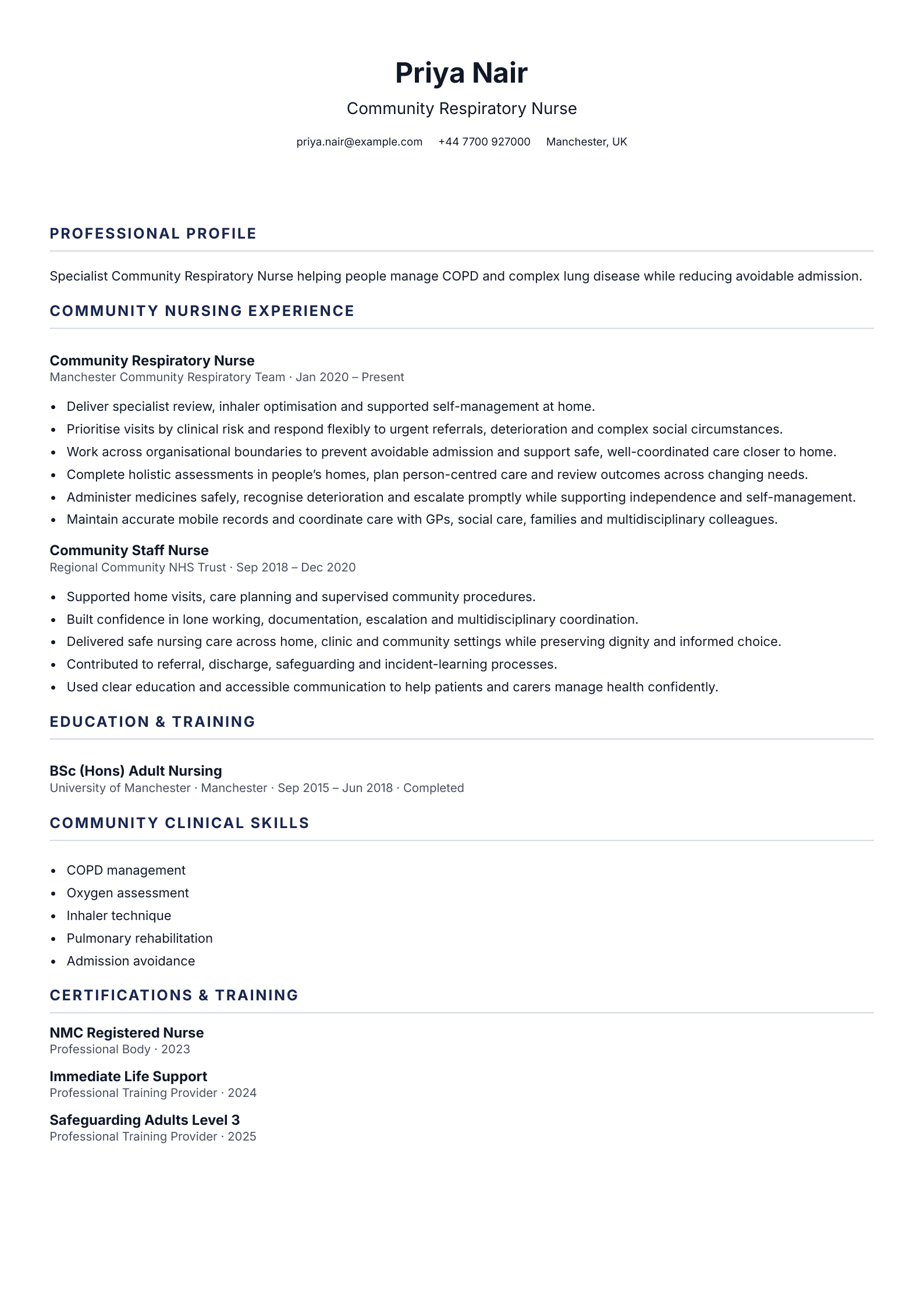 Community Respiratory Nurse CV template