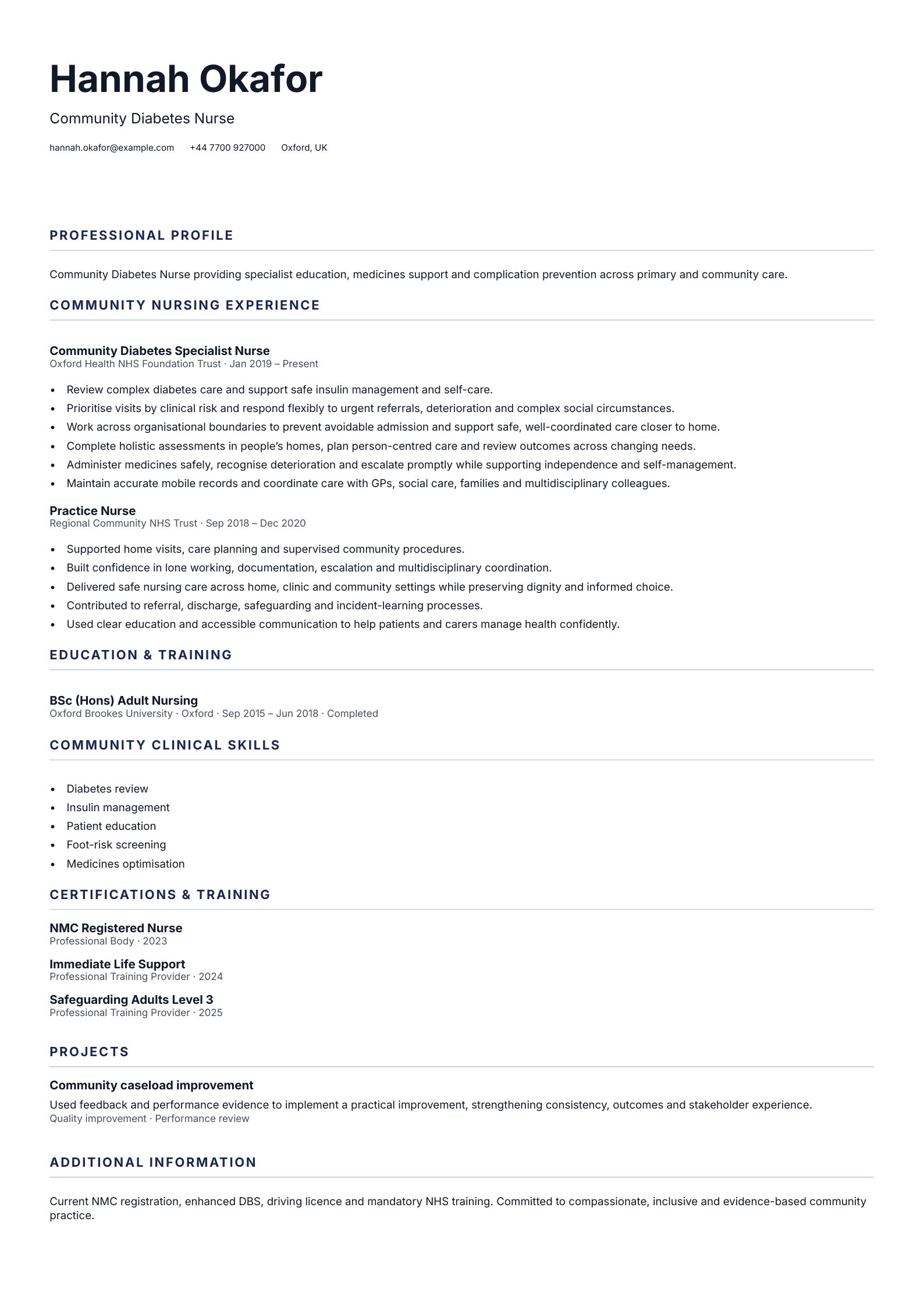 Community Diabetes Nurse CV template
