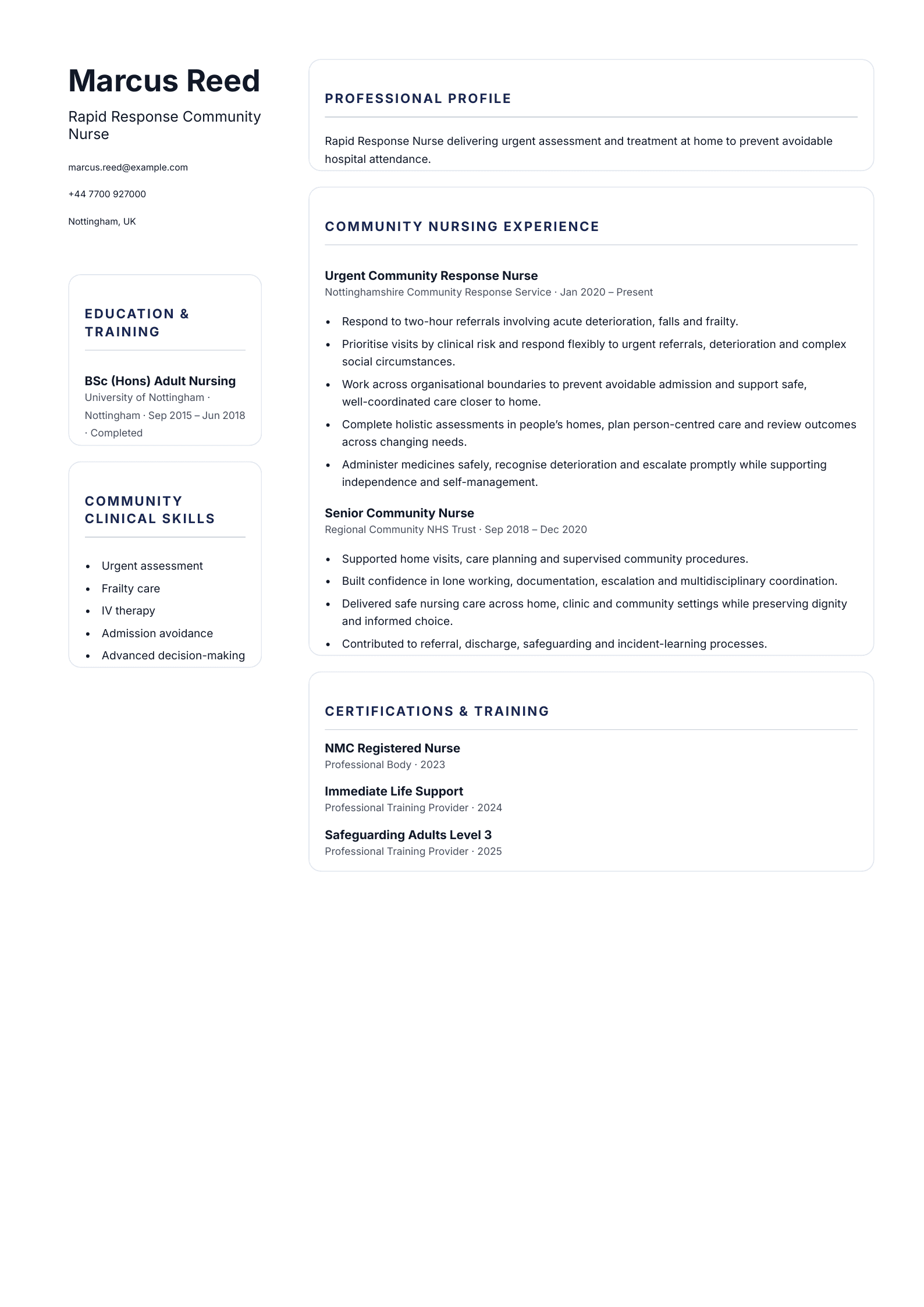 Rapid Response Community Nurse CV template