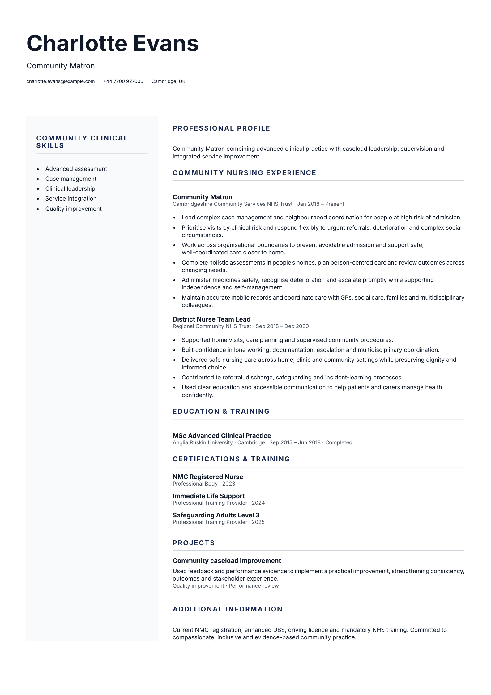 Community Matron CV template