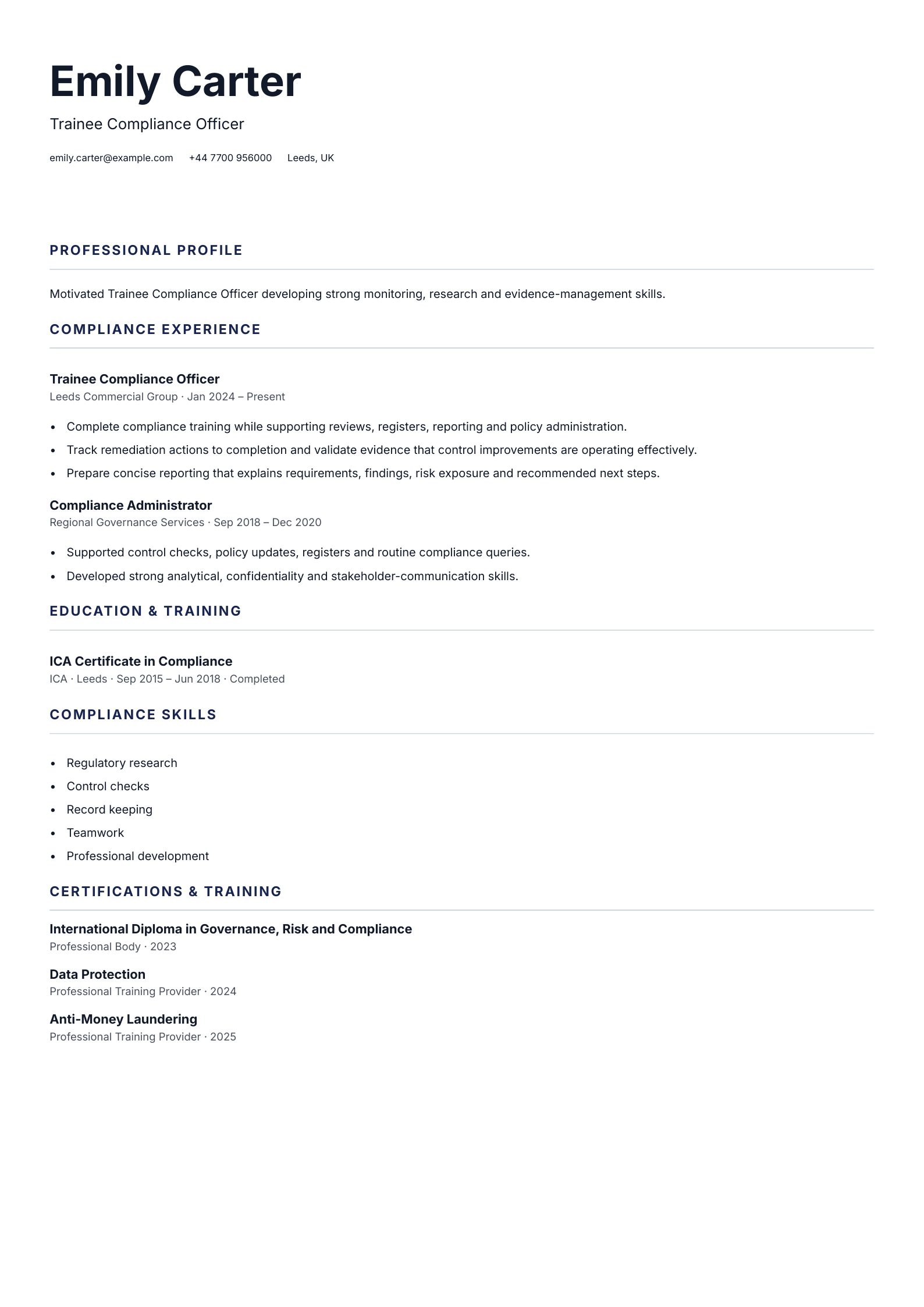 Trainee Compliance Officer CV template