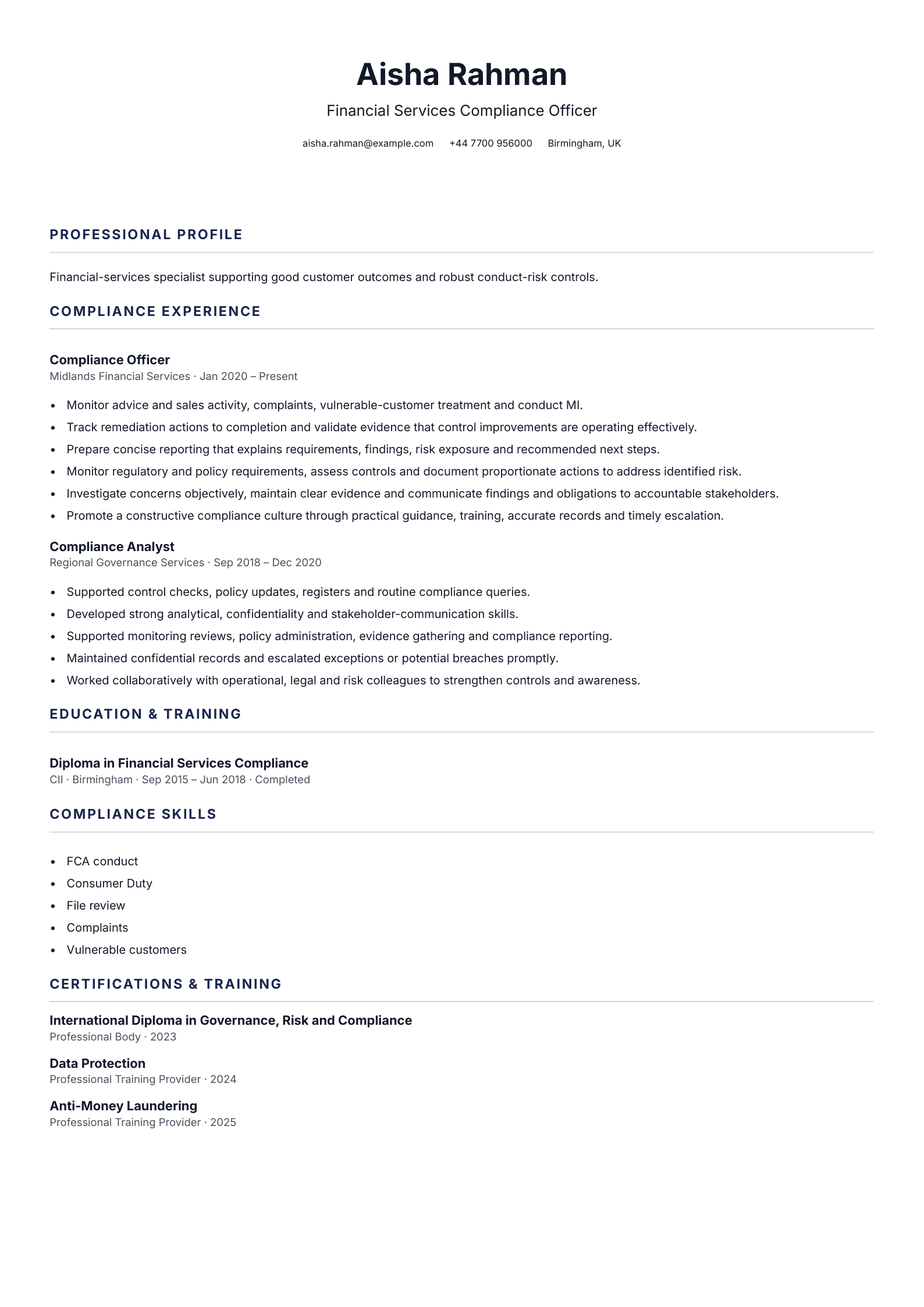 Financial Services Compliance Officer CV template
