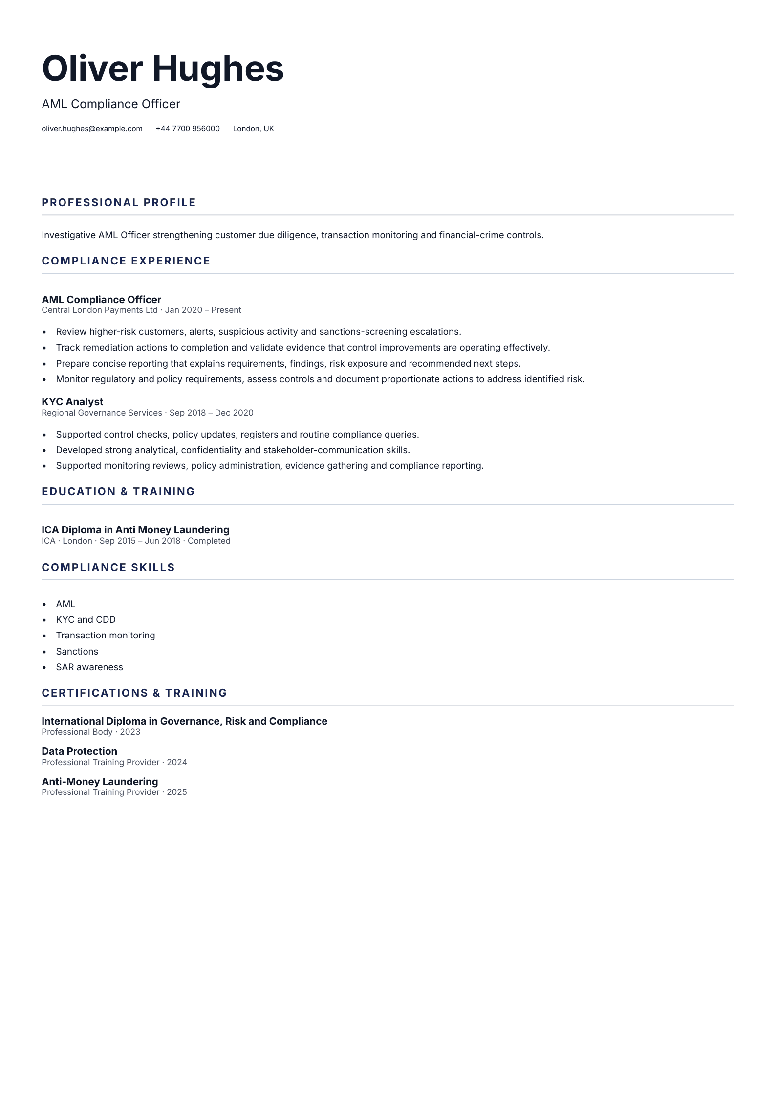 AML Compliance Officer CV template