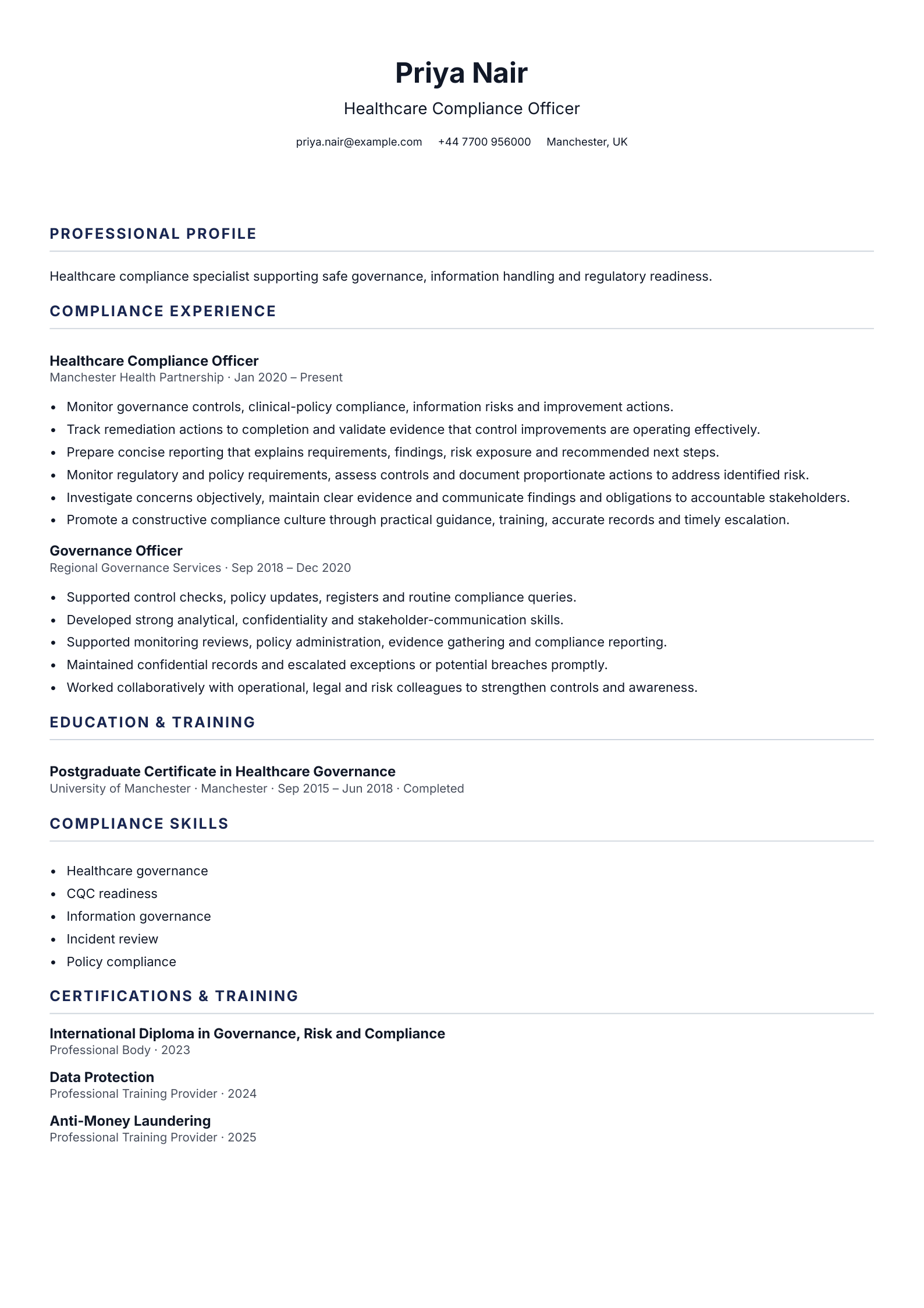 Healthcare Compliance Officer CV template