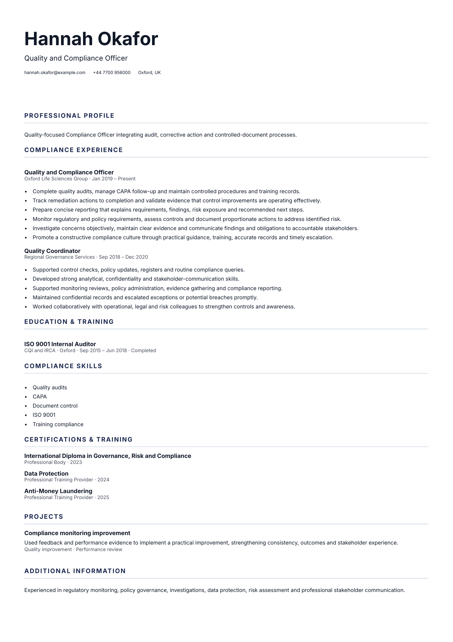 Quality and Compliance Officer CV template