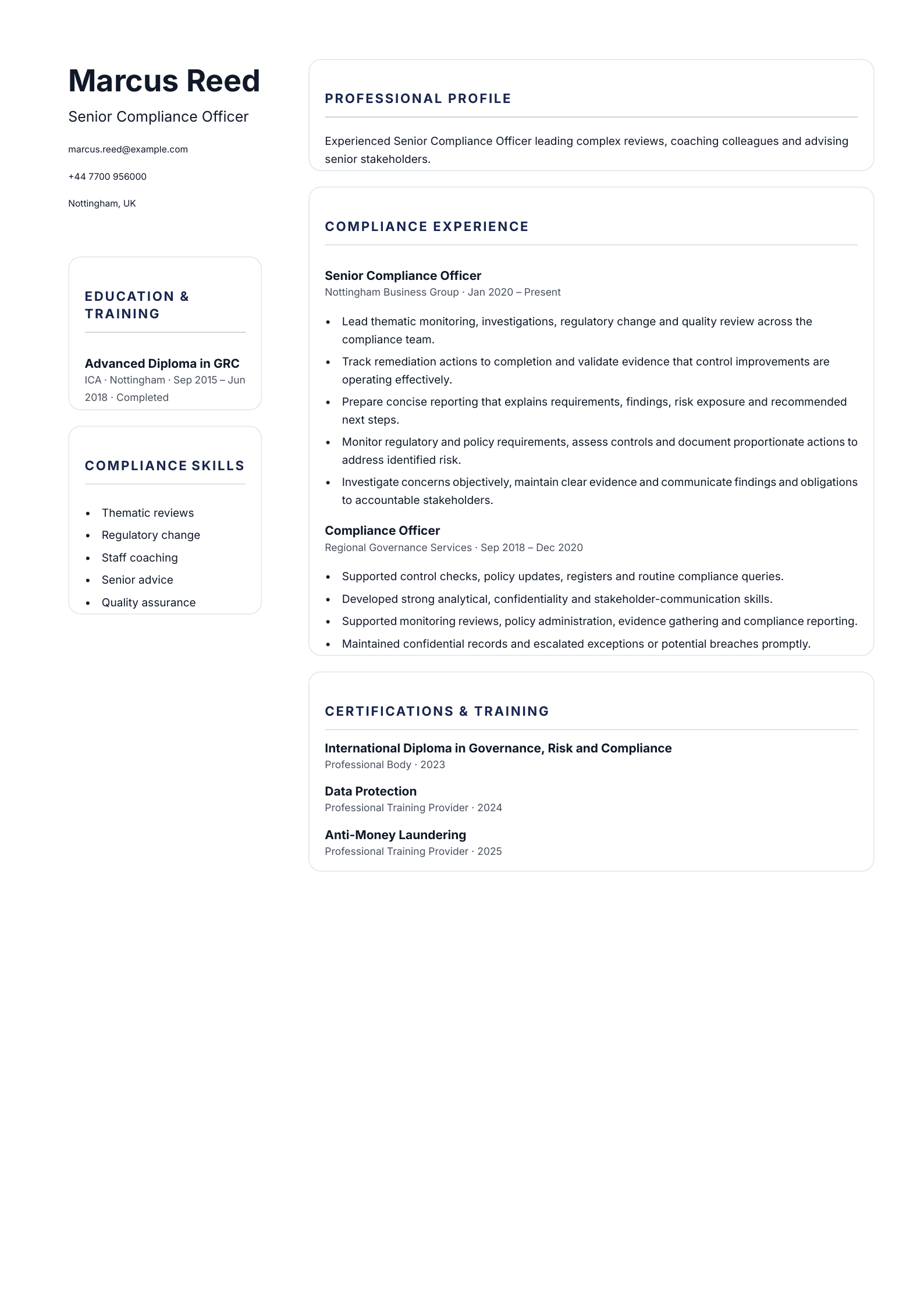 Senior Compliance Officer CV template