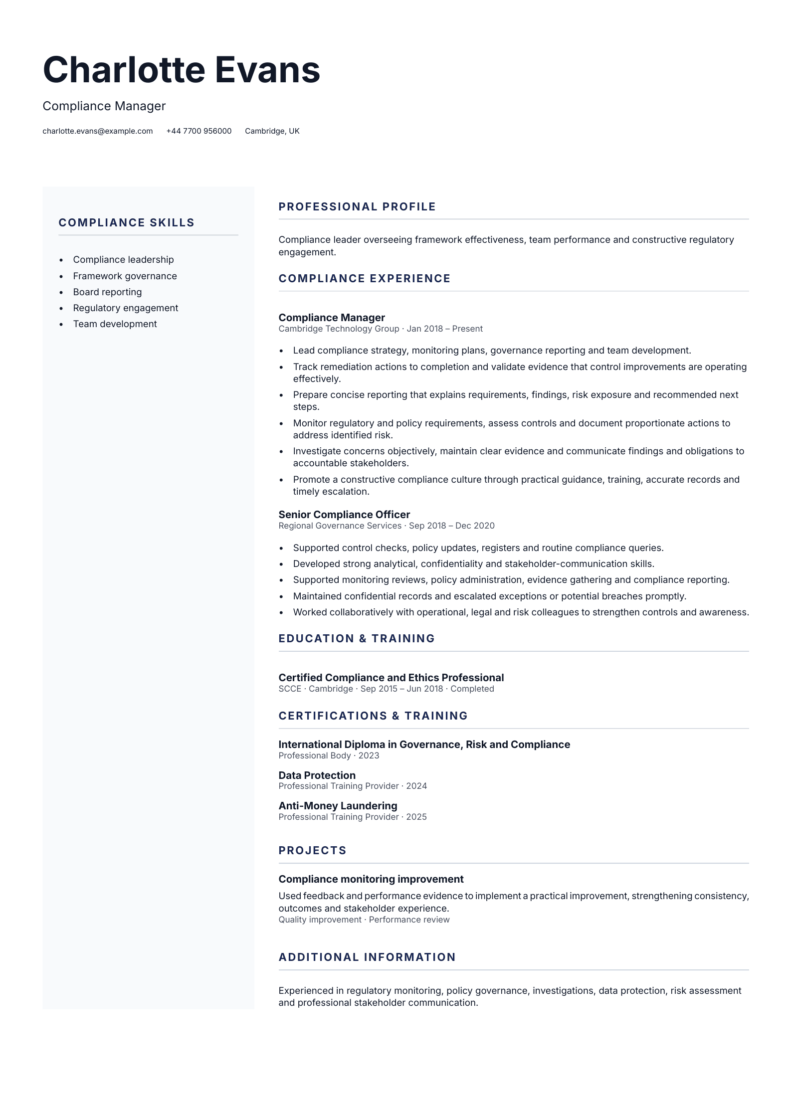 Compliance Manager CV template