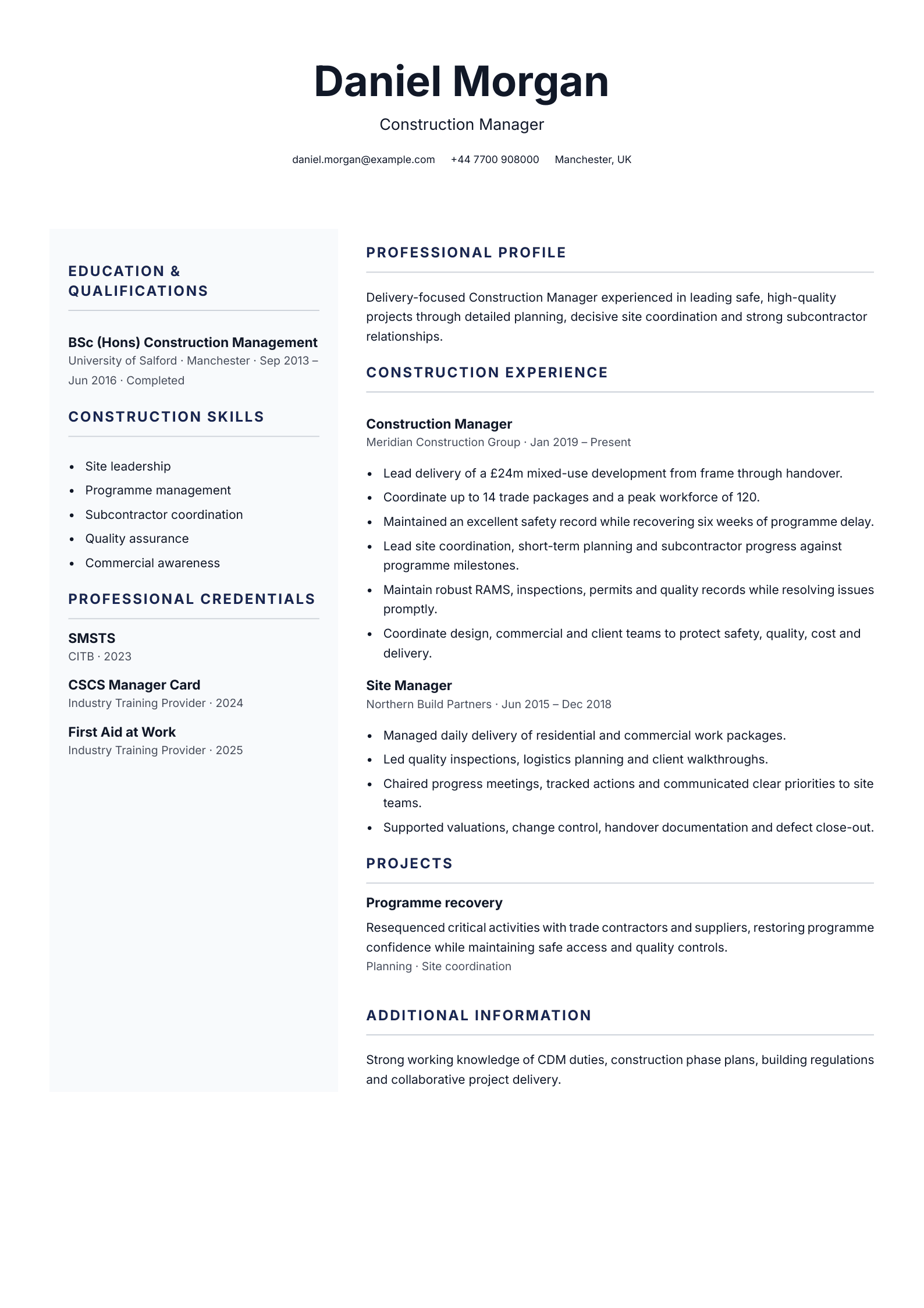 Construction manager CV