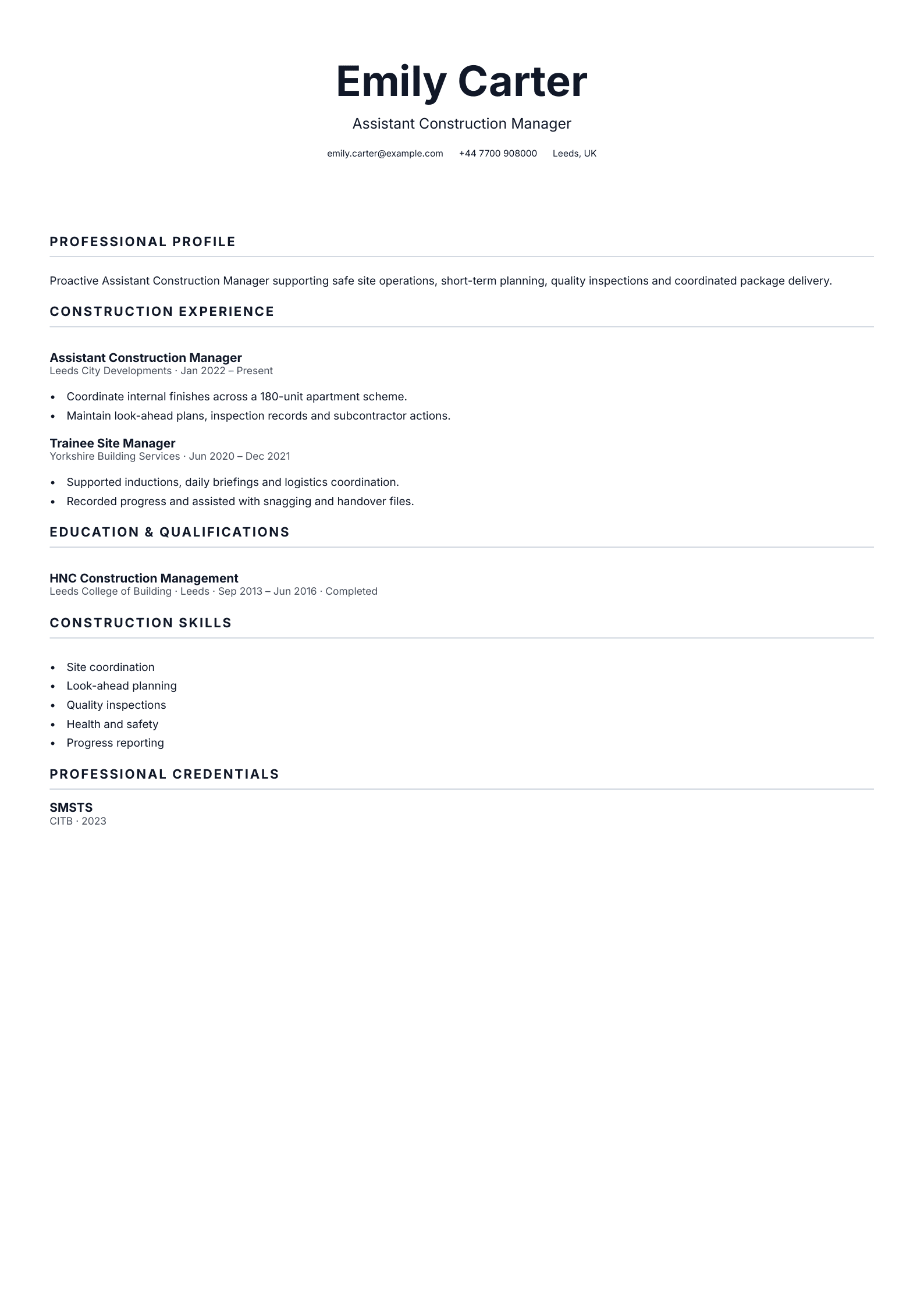 Assistant Construction Manager CV template