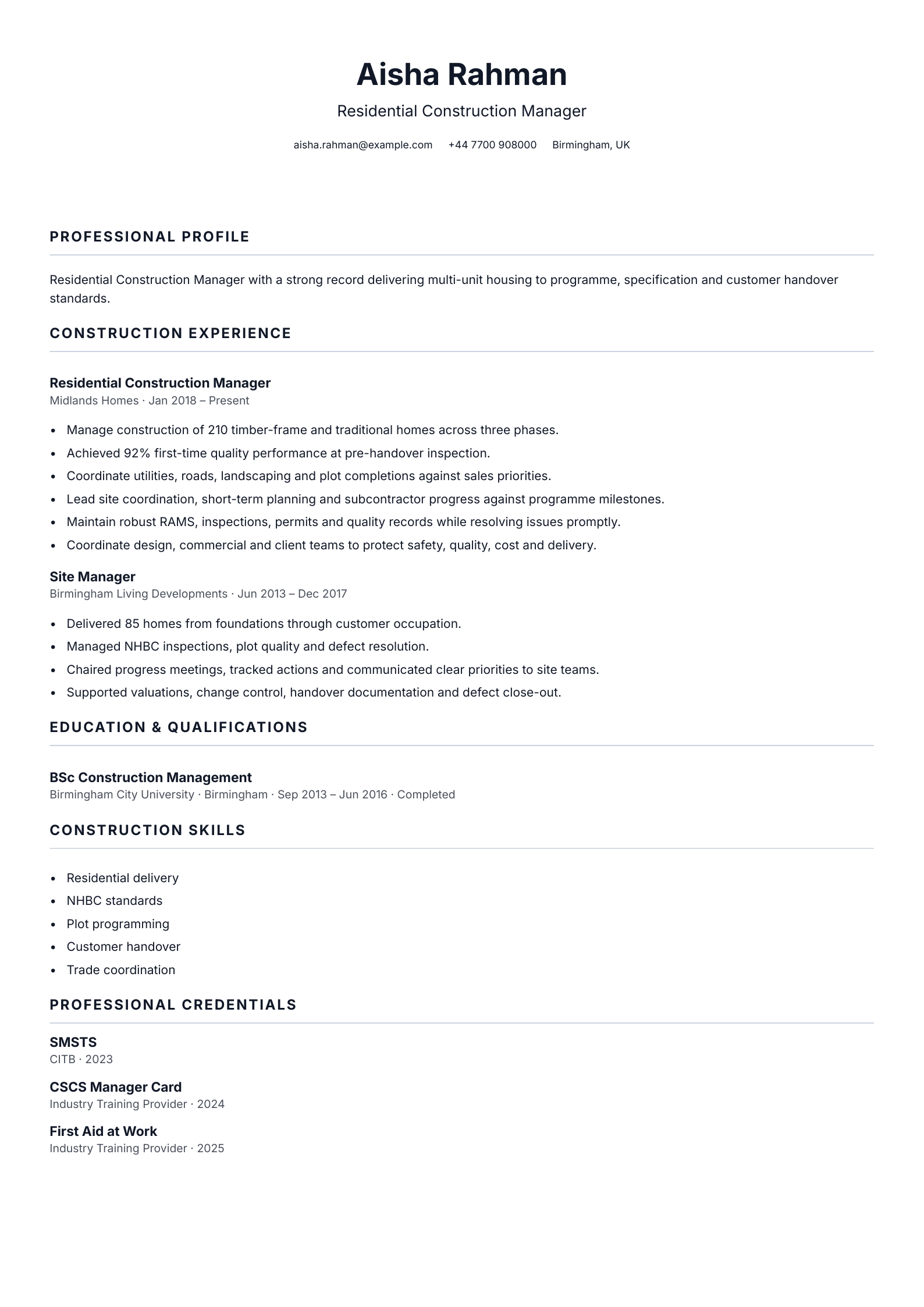 Residential Construction Manager CV template