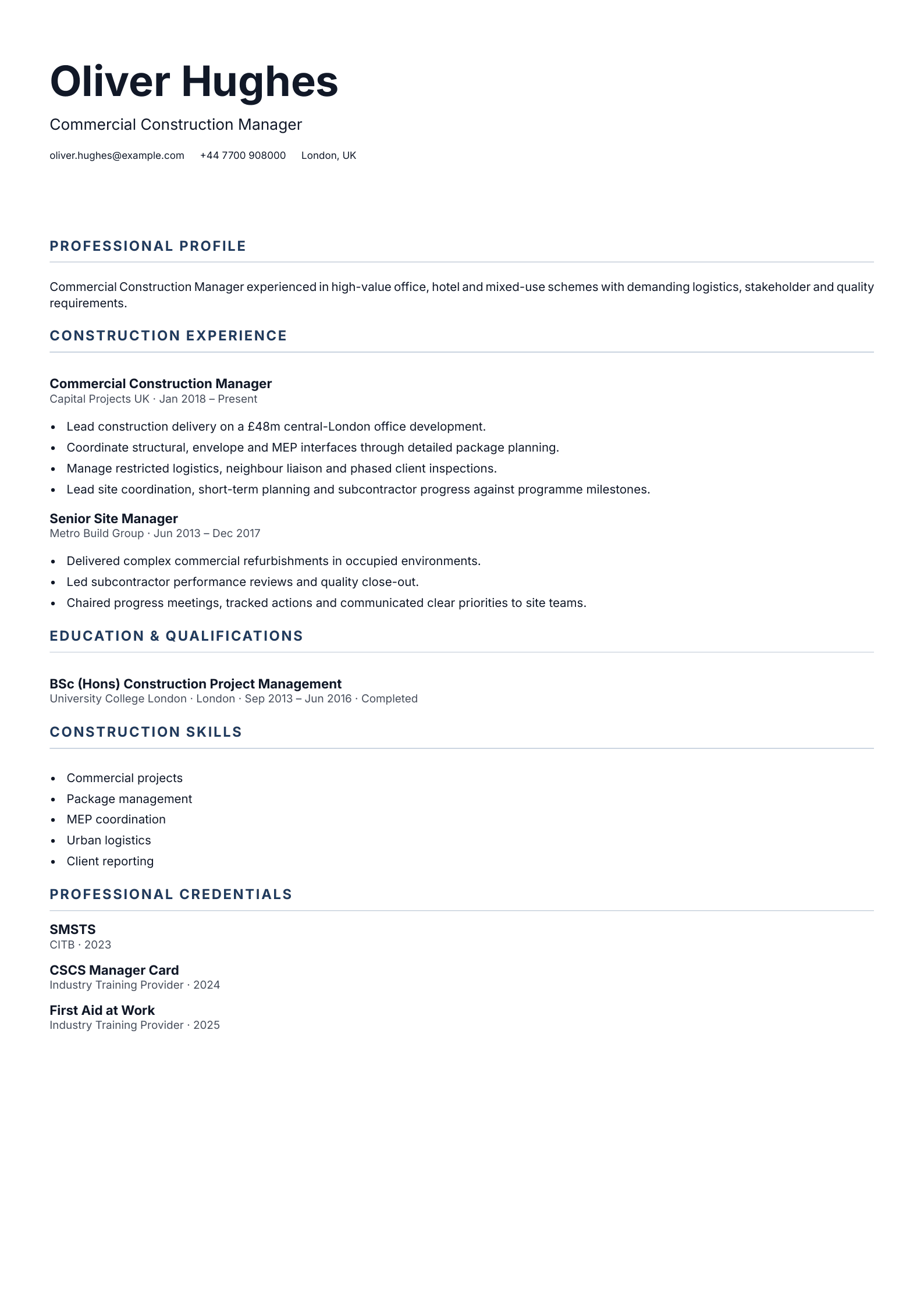 Commercial Construction Manager CV template