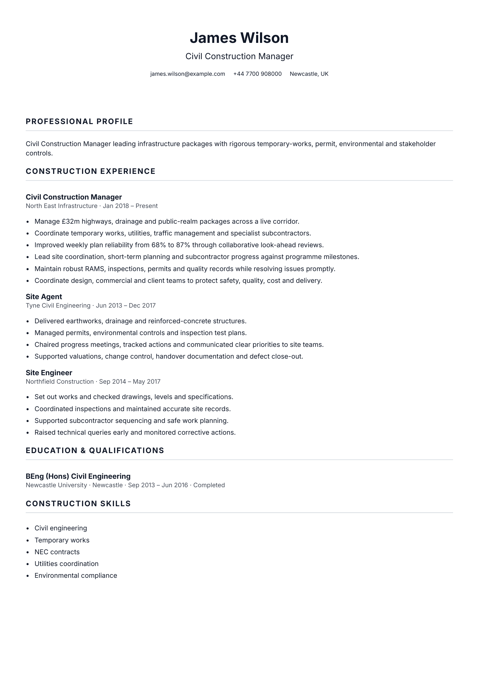 Civil Construction Manager CV template