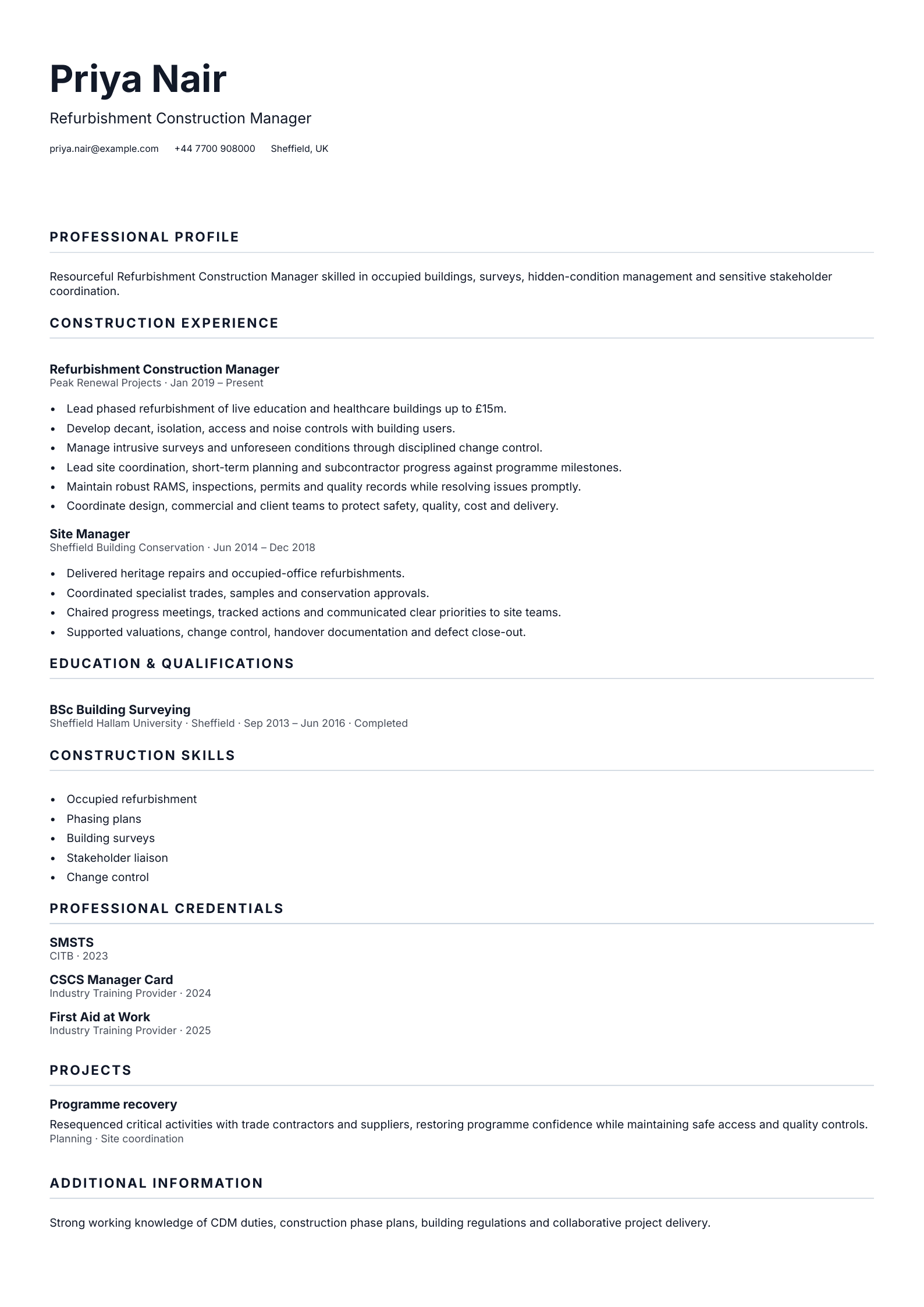 Refurbishment Construction Manager CV template