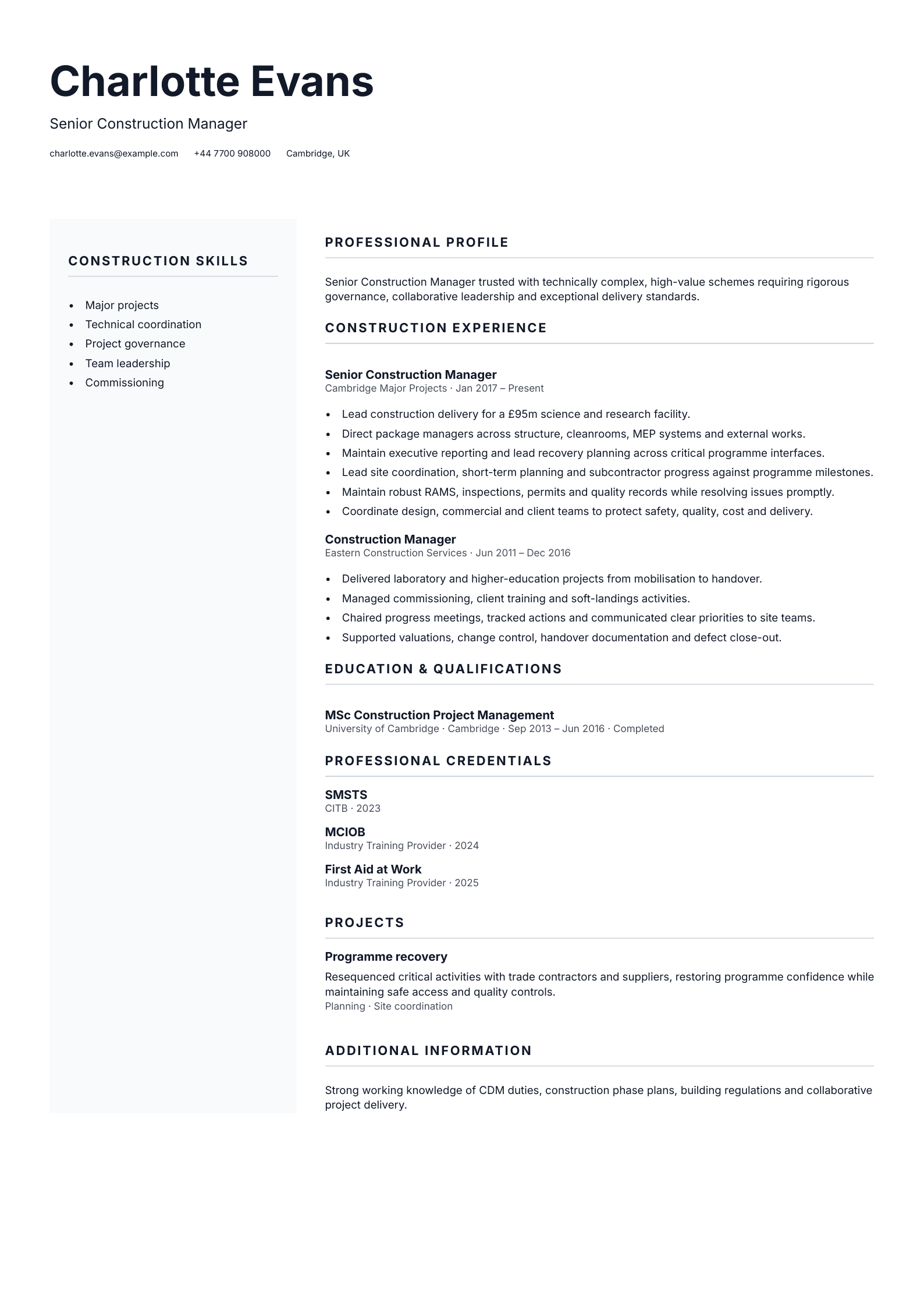 Senior Construction Manager CV template