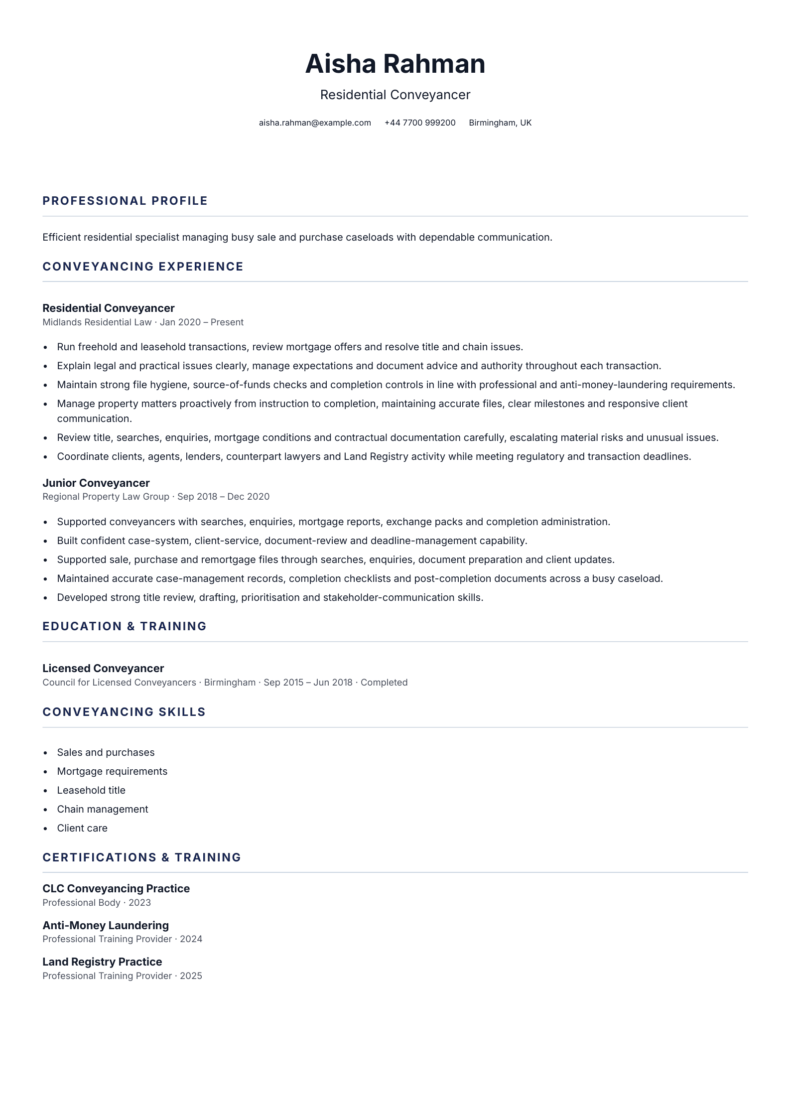Residential Conveyancer CV template