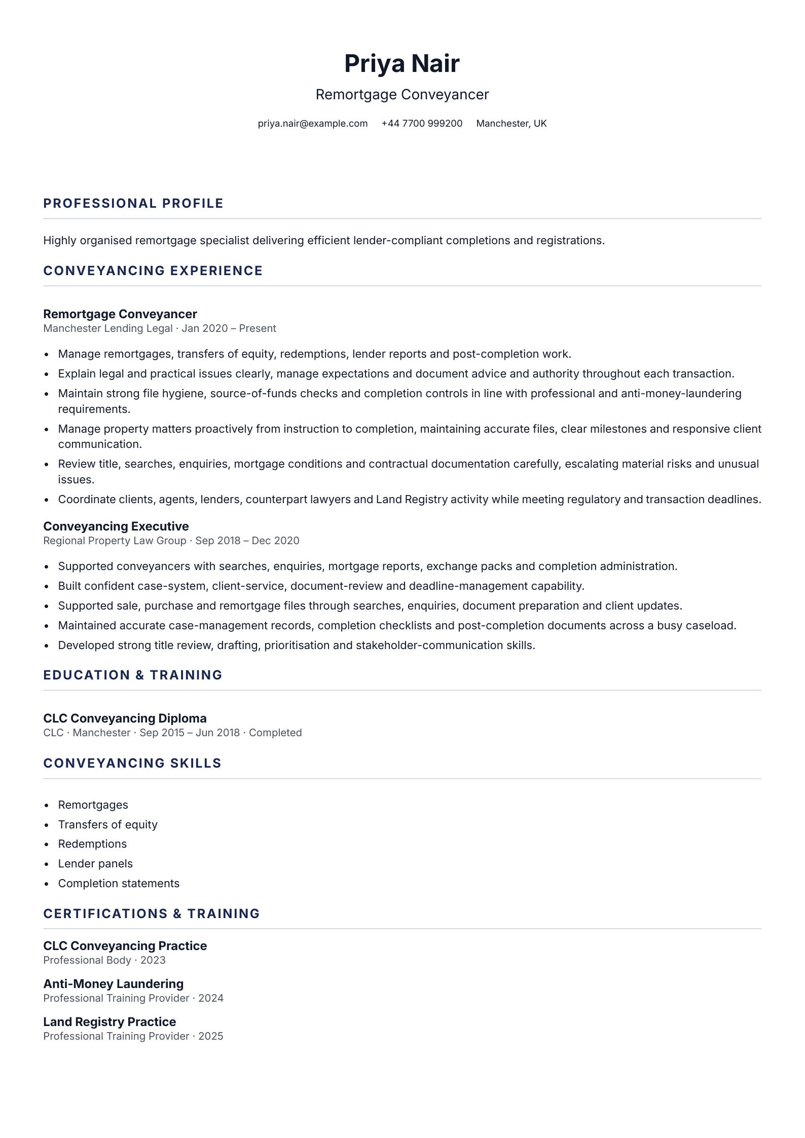 Remortgage Conveyancer CV template