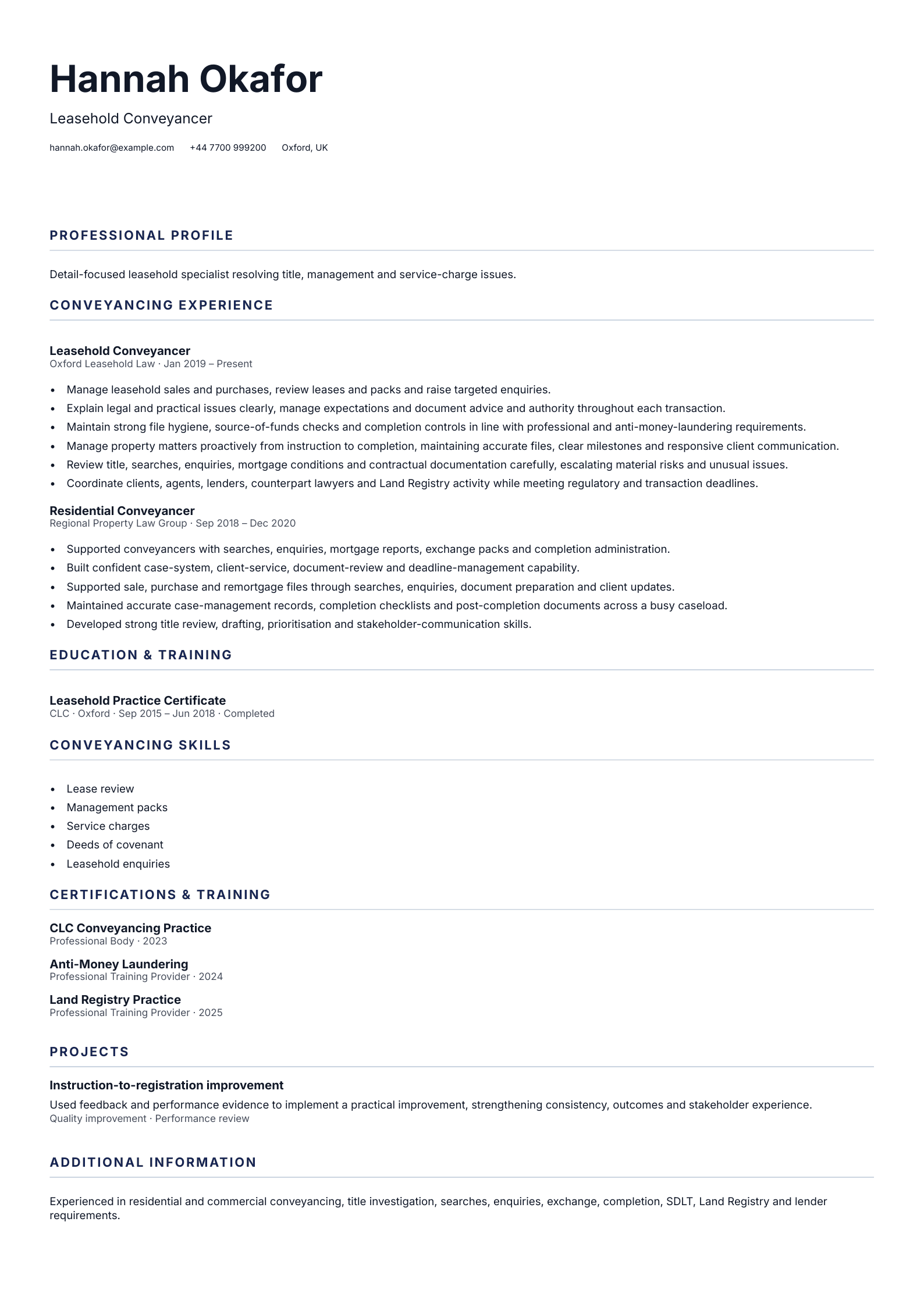 Leasehold Conveyancer CV template