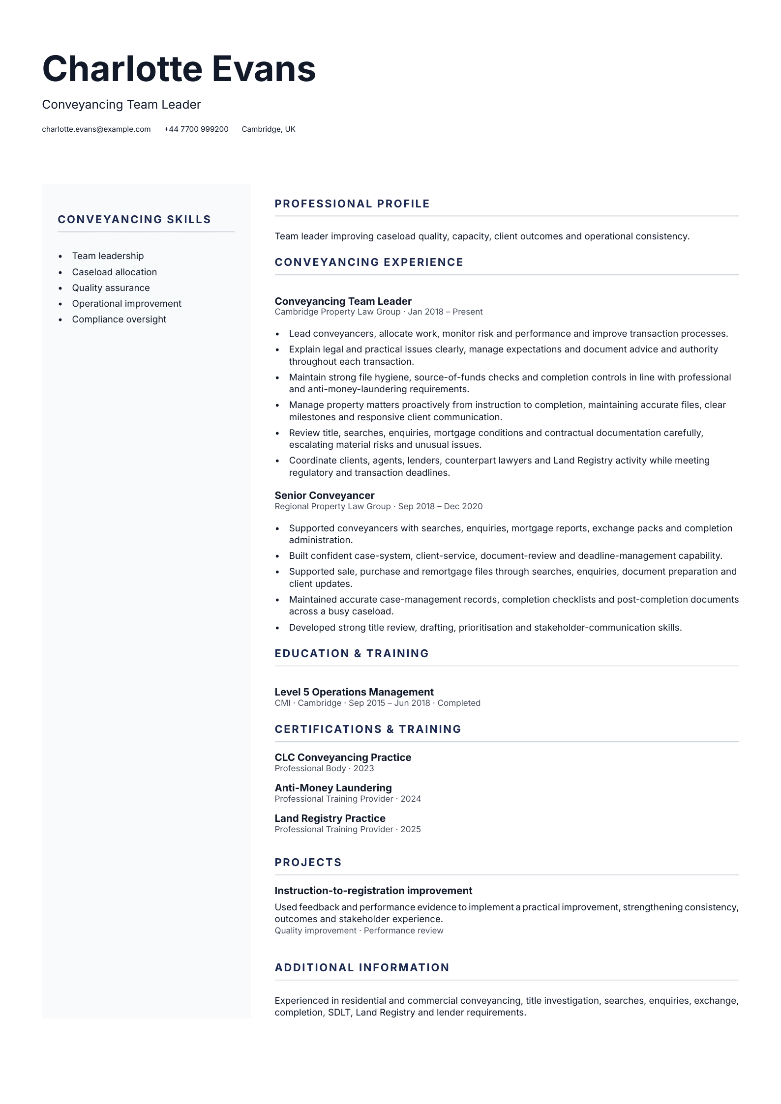 Conveyancing Team Leader CV template