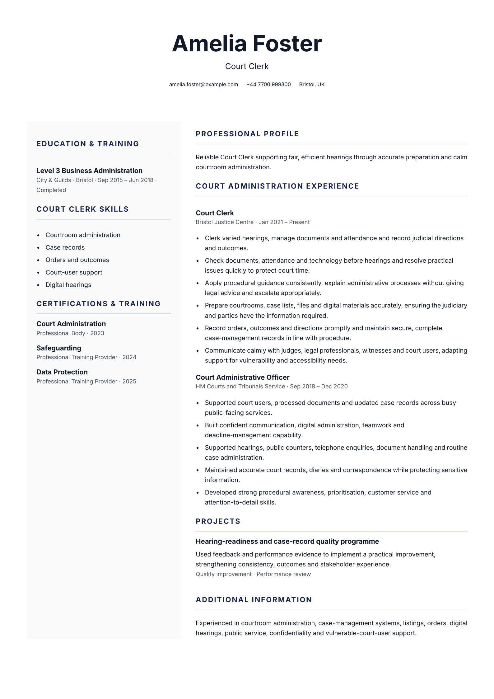 Court clerk CV