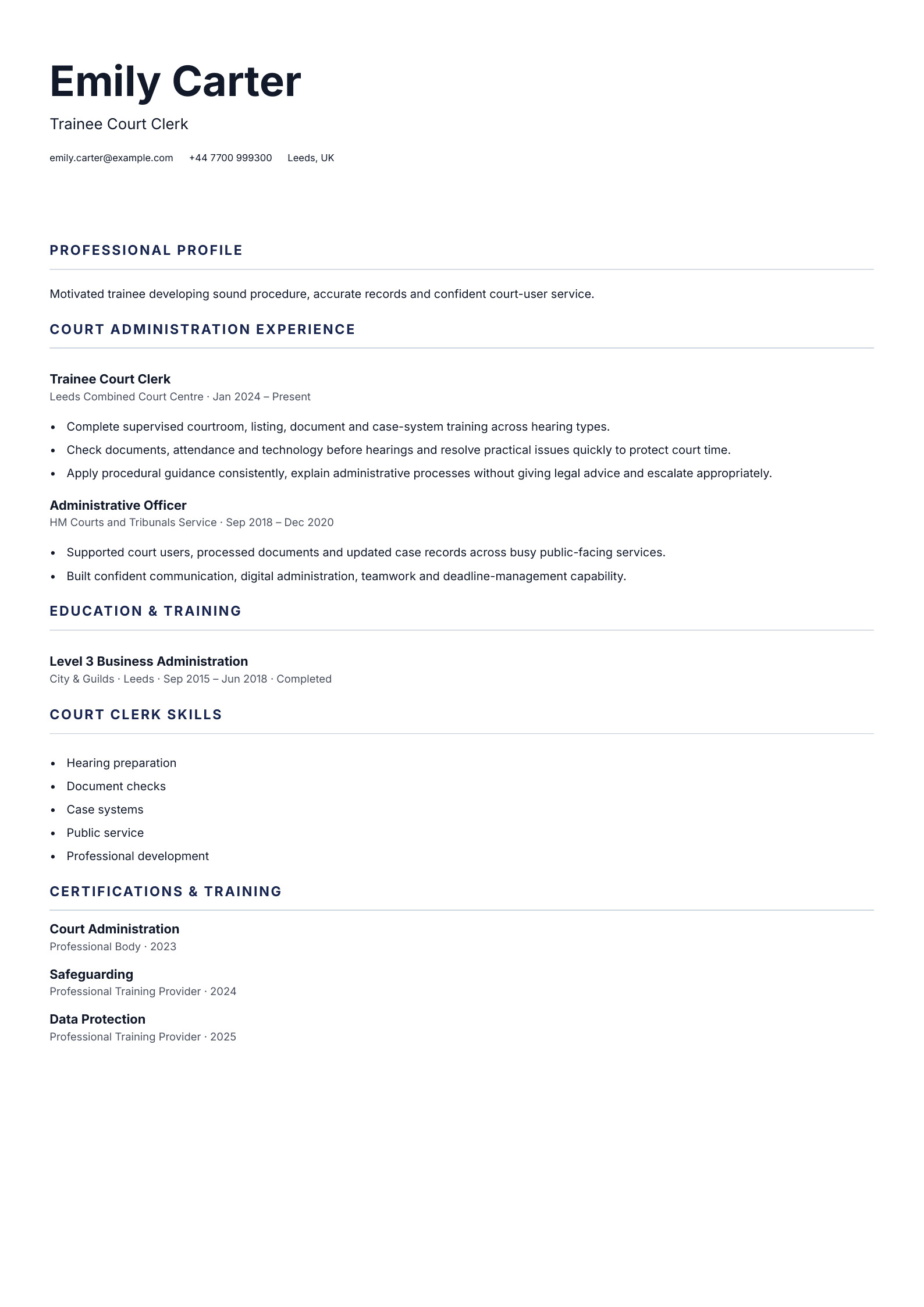 Trainee Court Clerk CV template