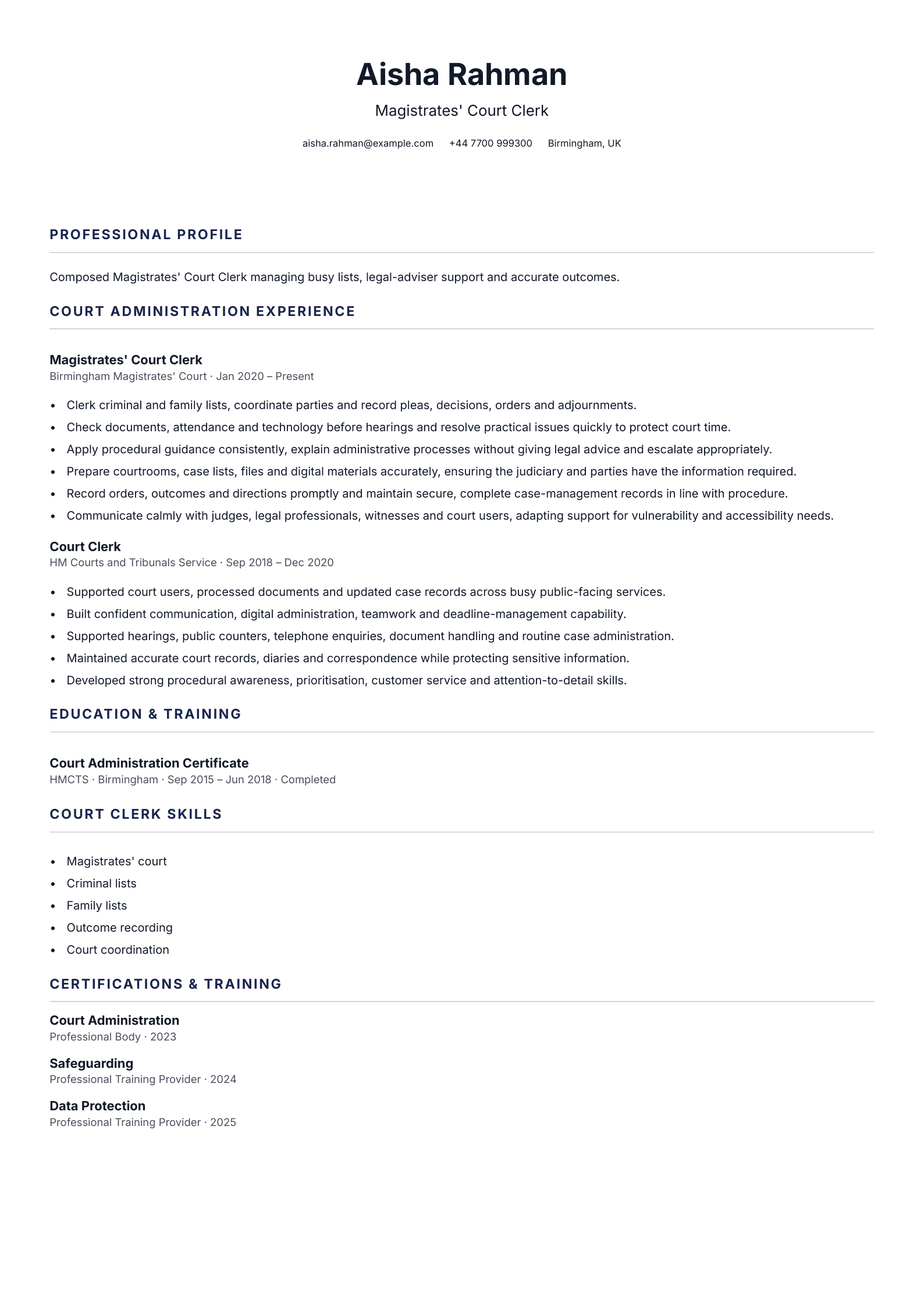 Magistrates' Court Clerk CV template
