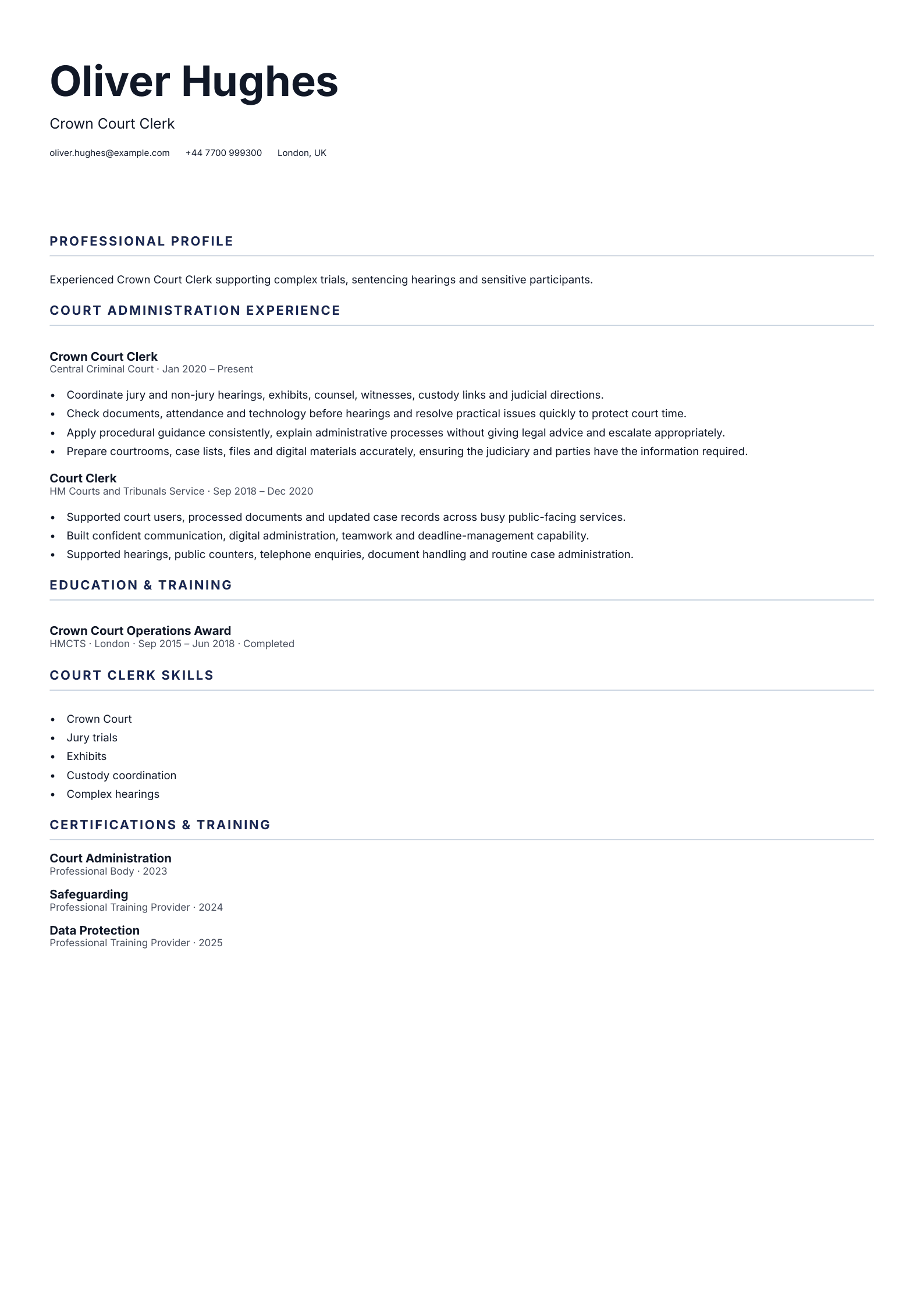 Crown Court Clerk CV template