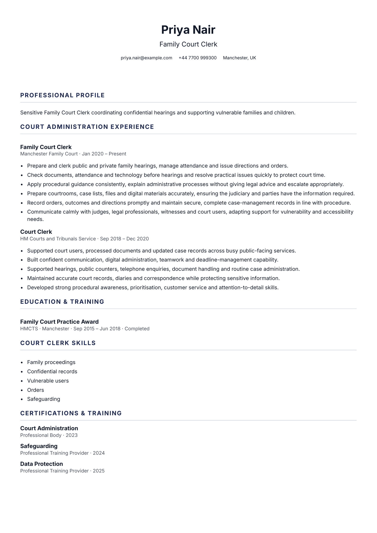 Family Court Clerk CV template