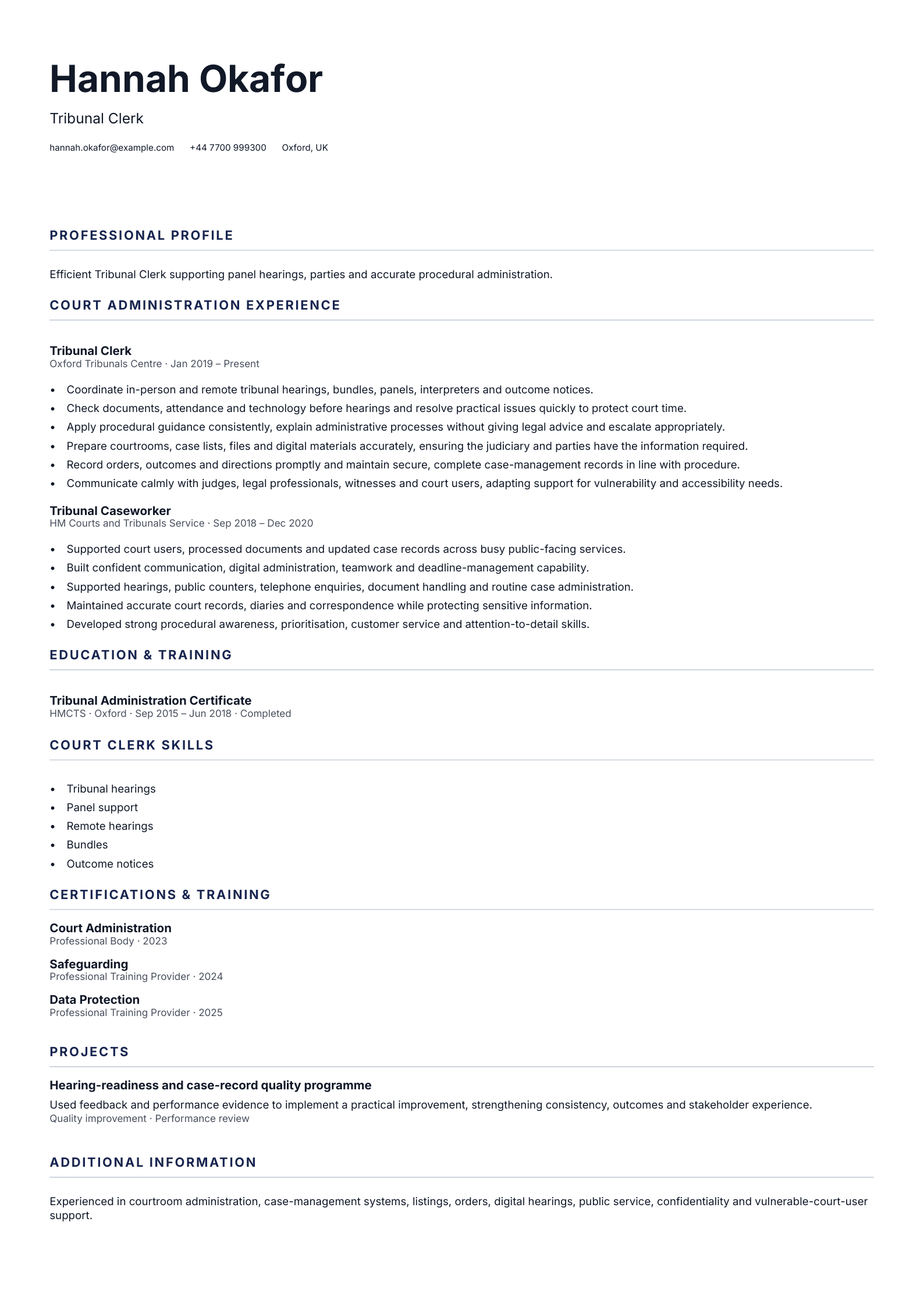 Tribunal Clerk CV template