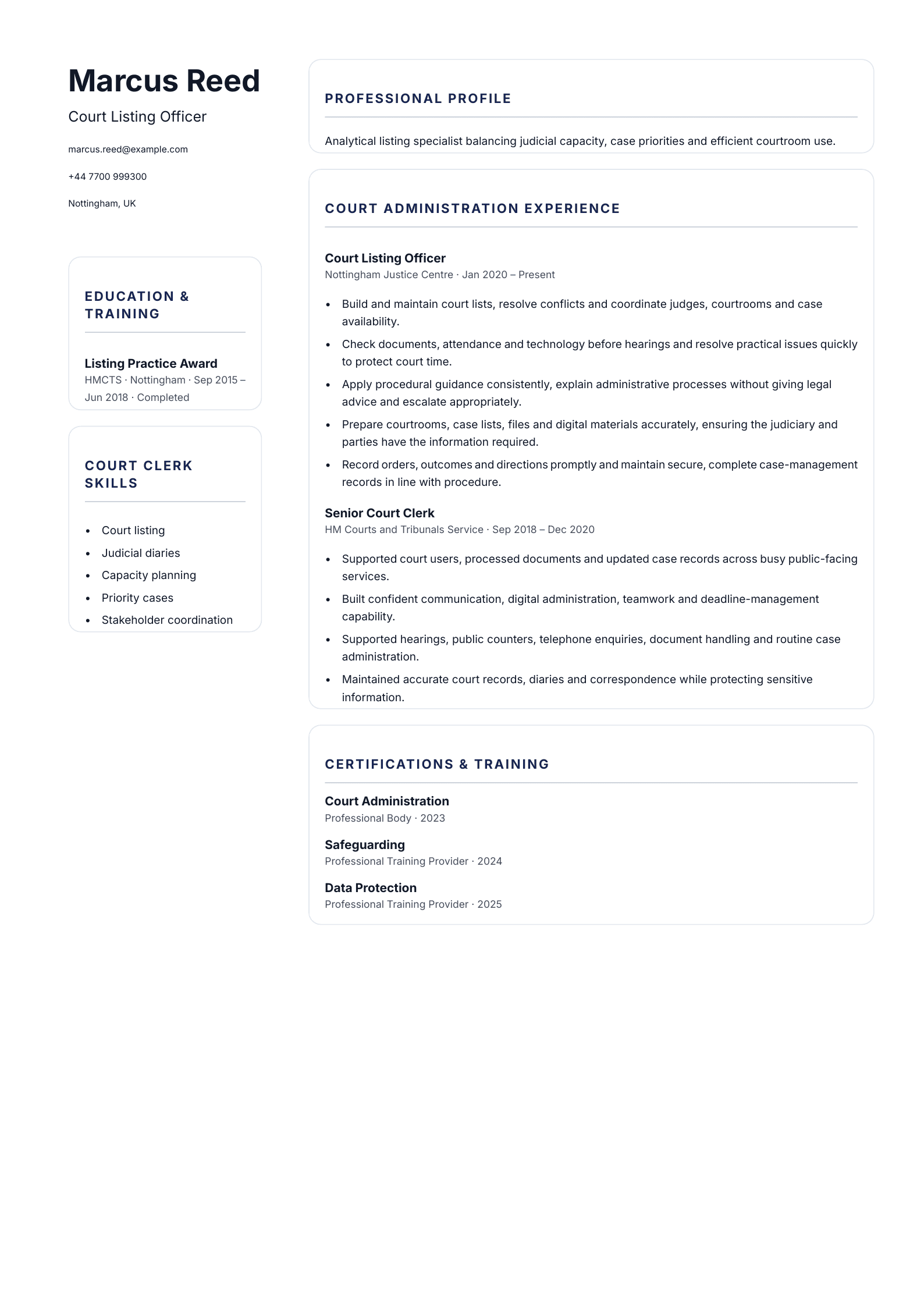 Court Listing Officer CV template
