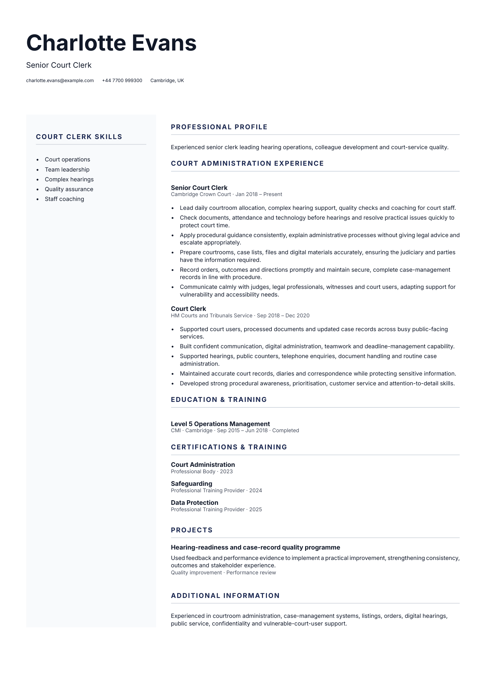 Senior Court Clerk CV template