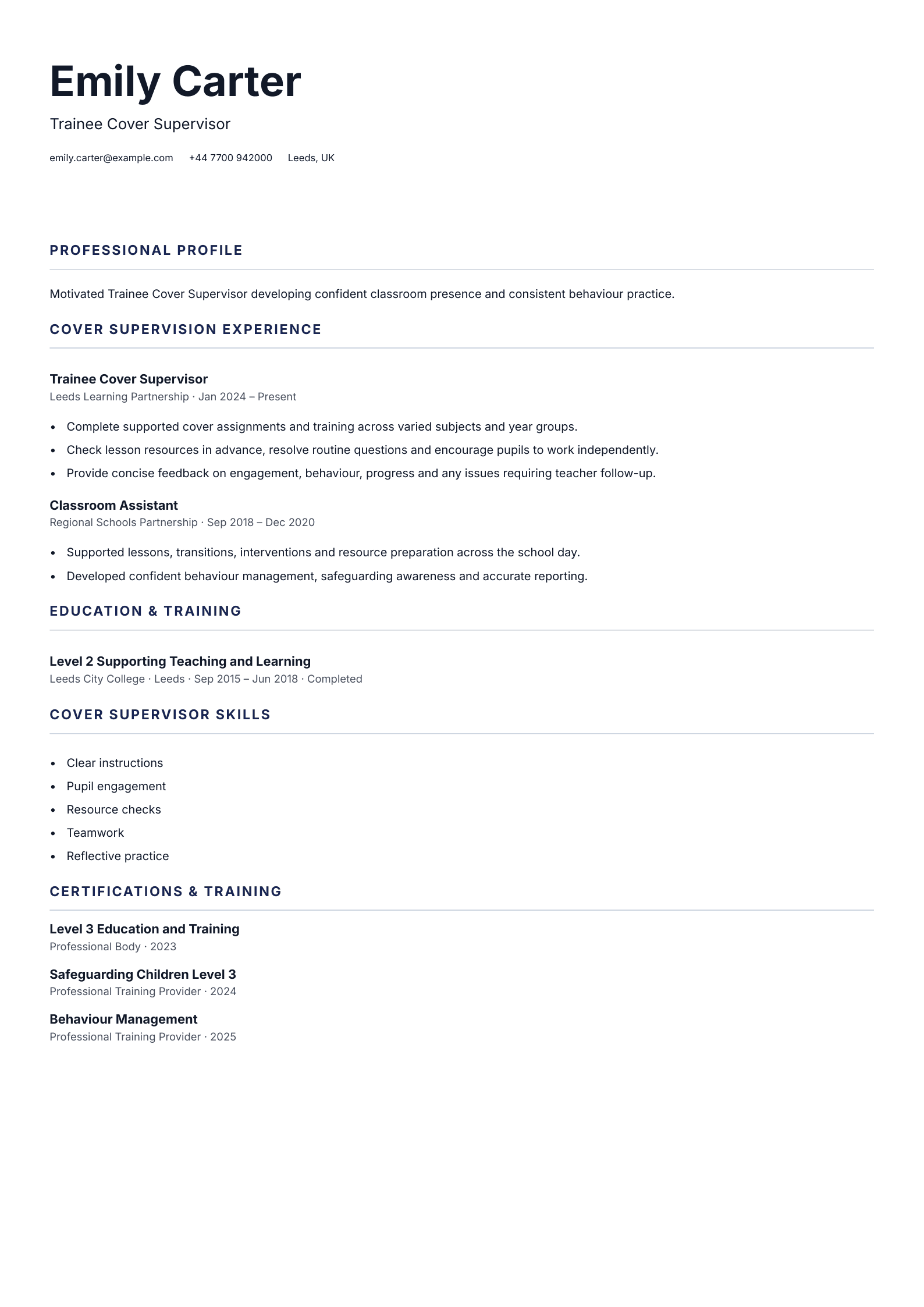 Trainee Cover Supervisor CV template