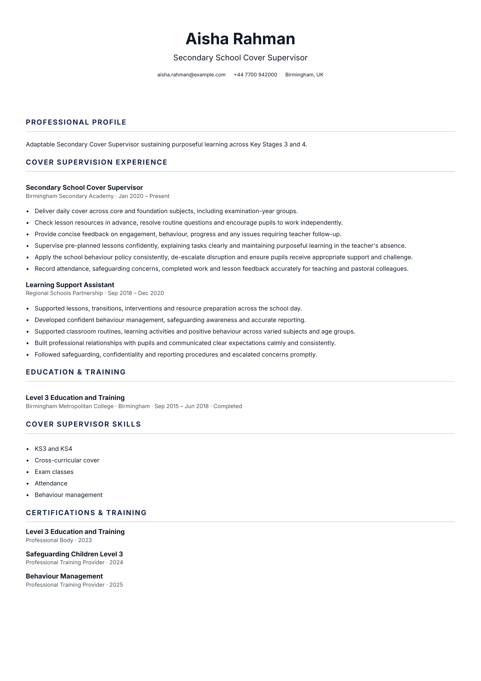 Secondary School Cover Supervisor CV template