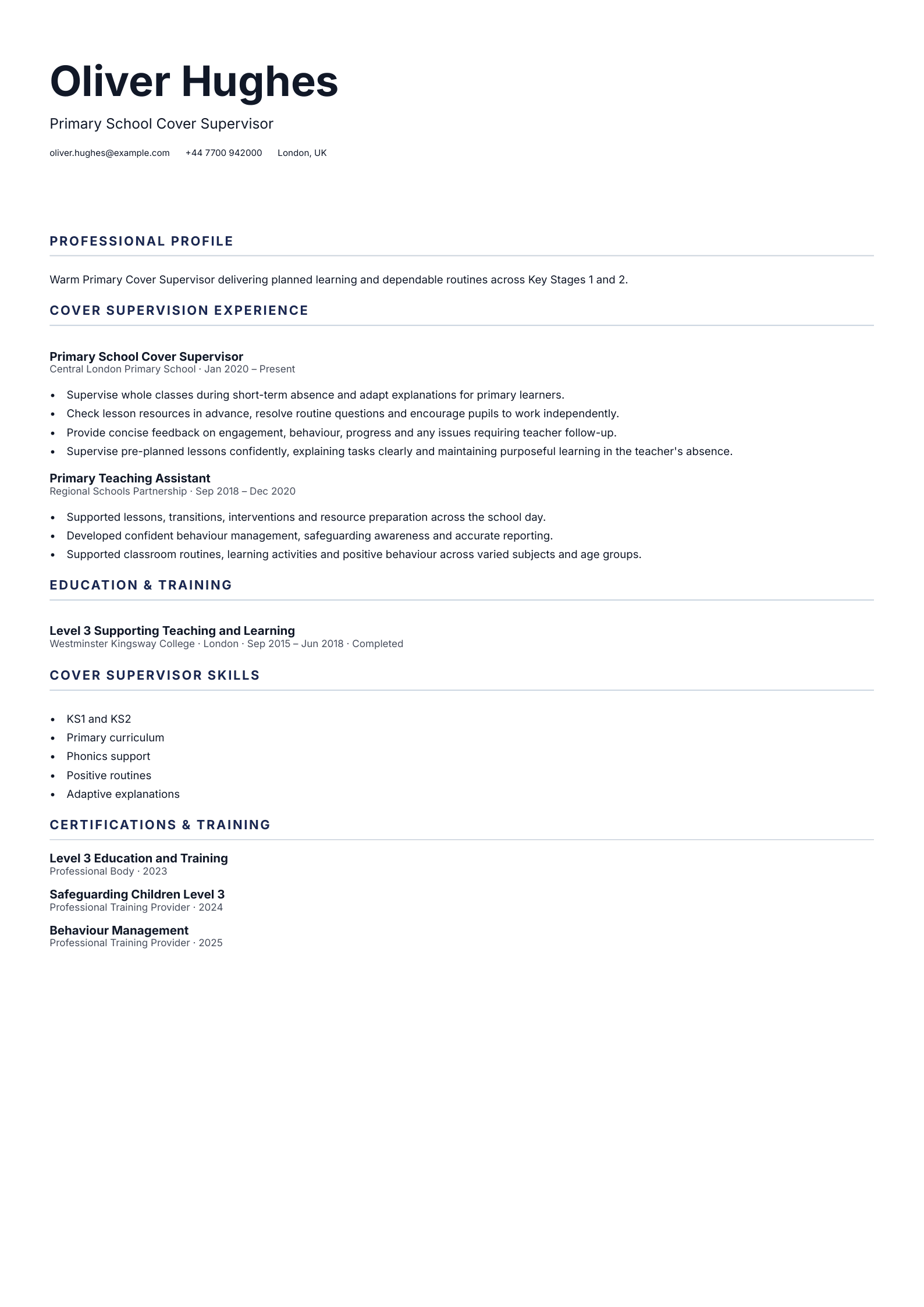 Primary School Cover Supervisor CV template