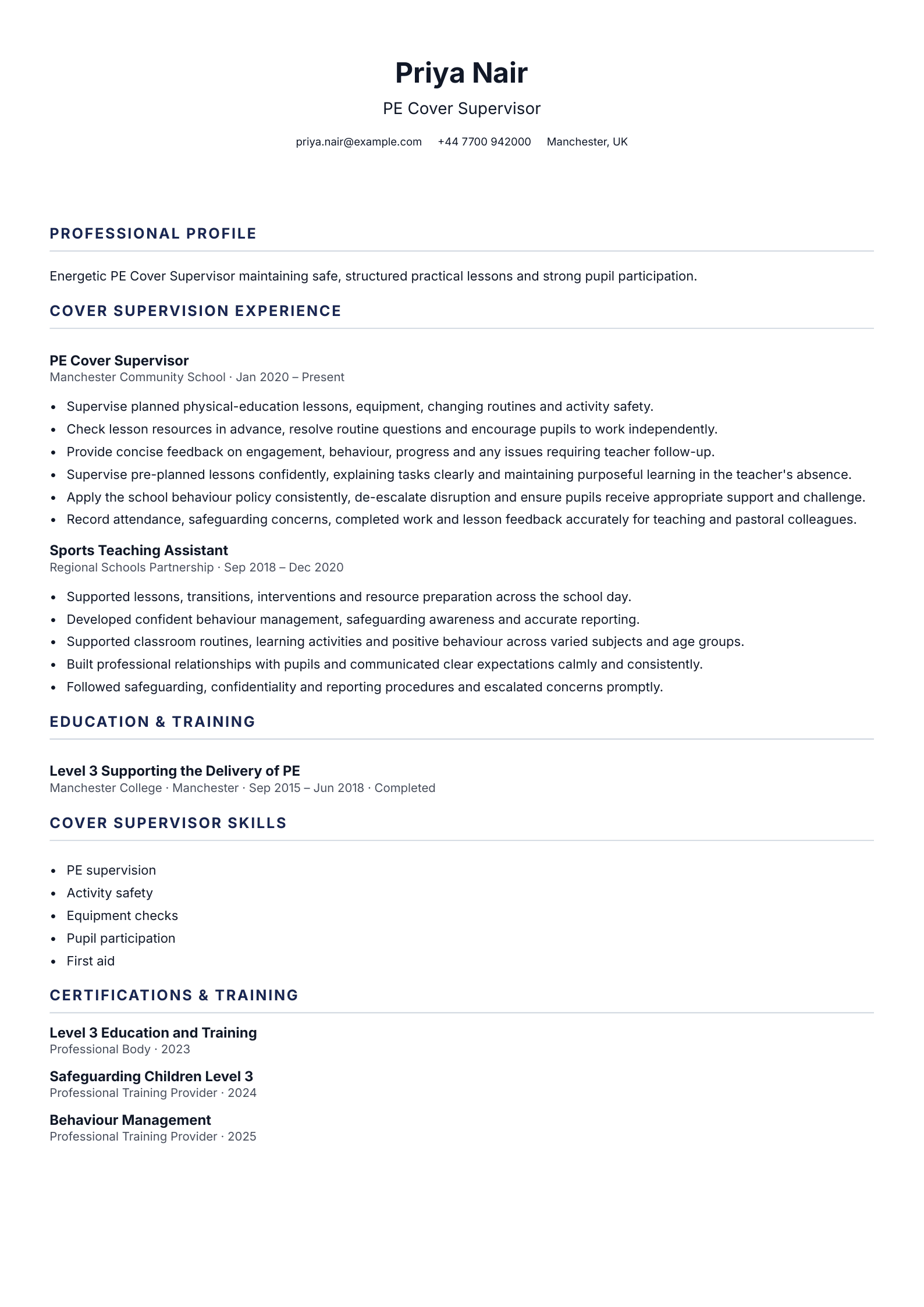 PE Cover Supervisor CV template