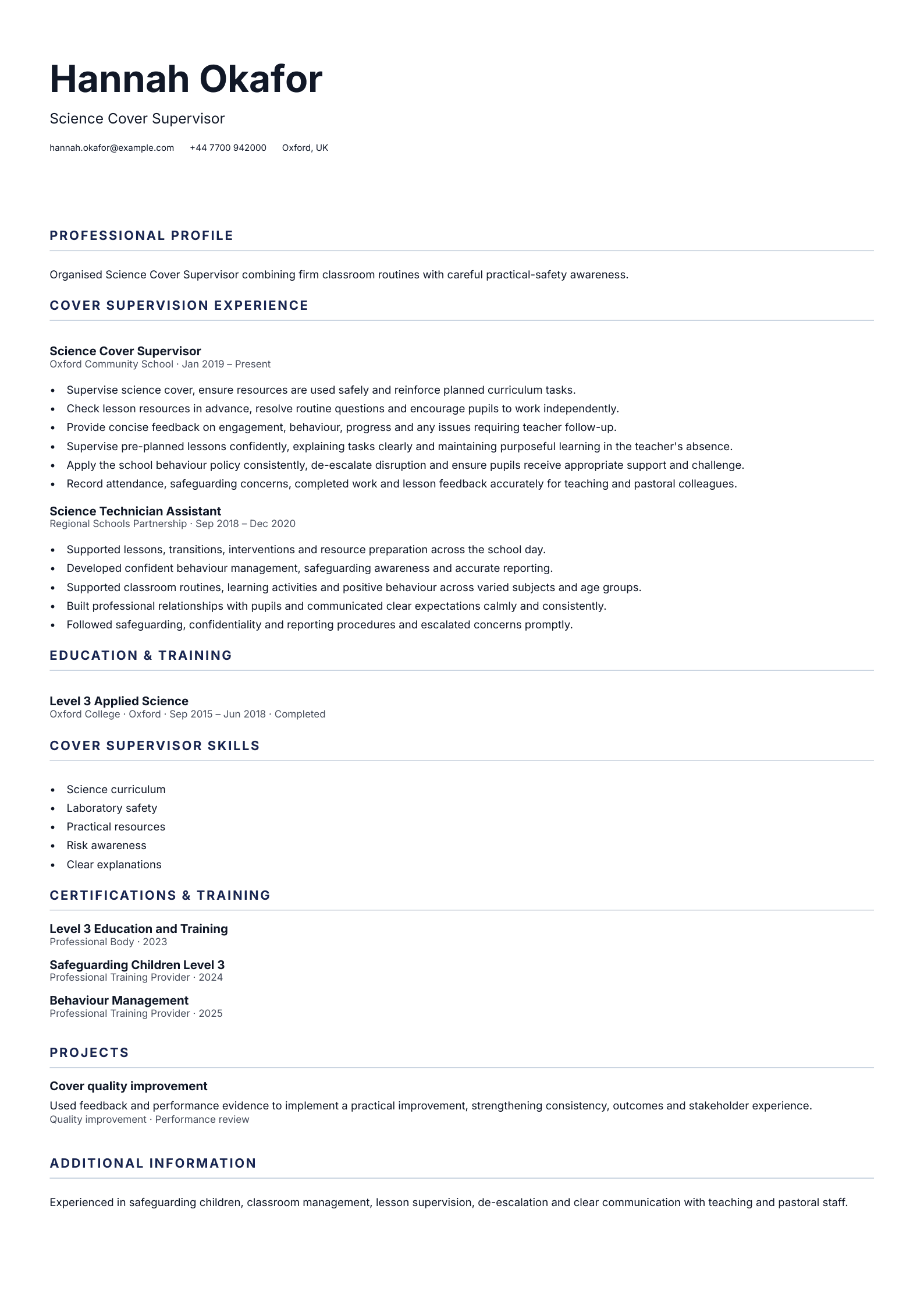 Science Cover Supervisor CV template