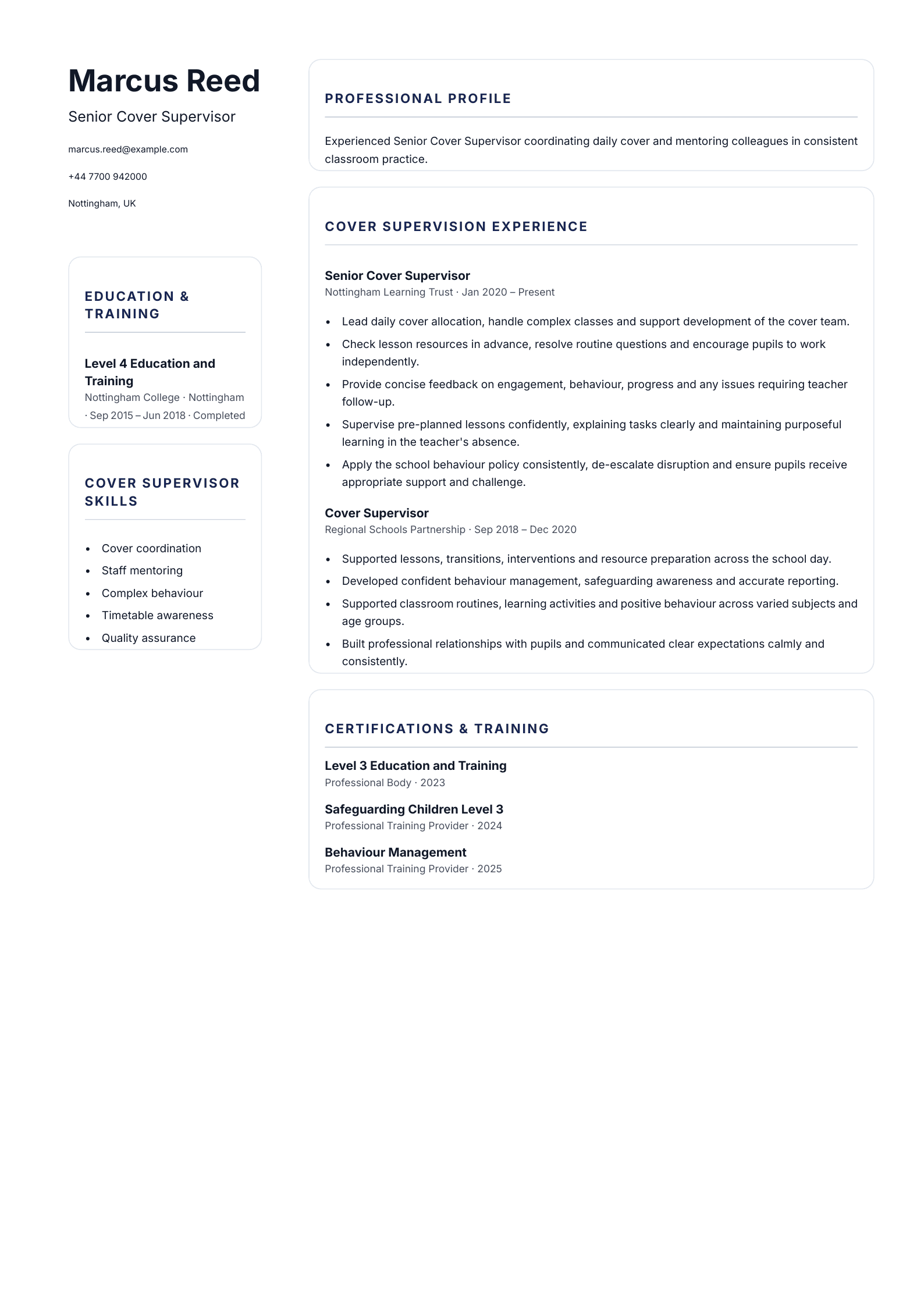 Senior Cover Supervisor CV template