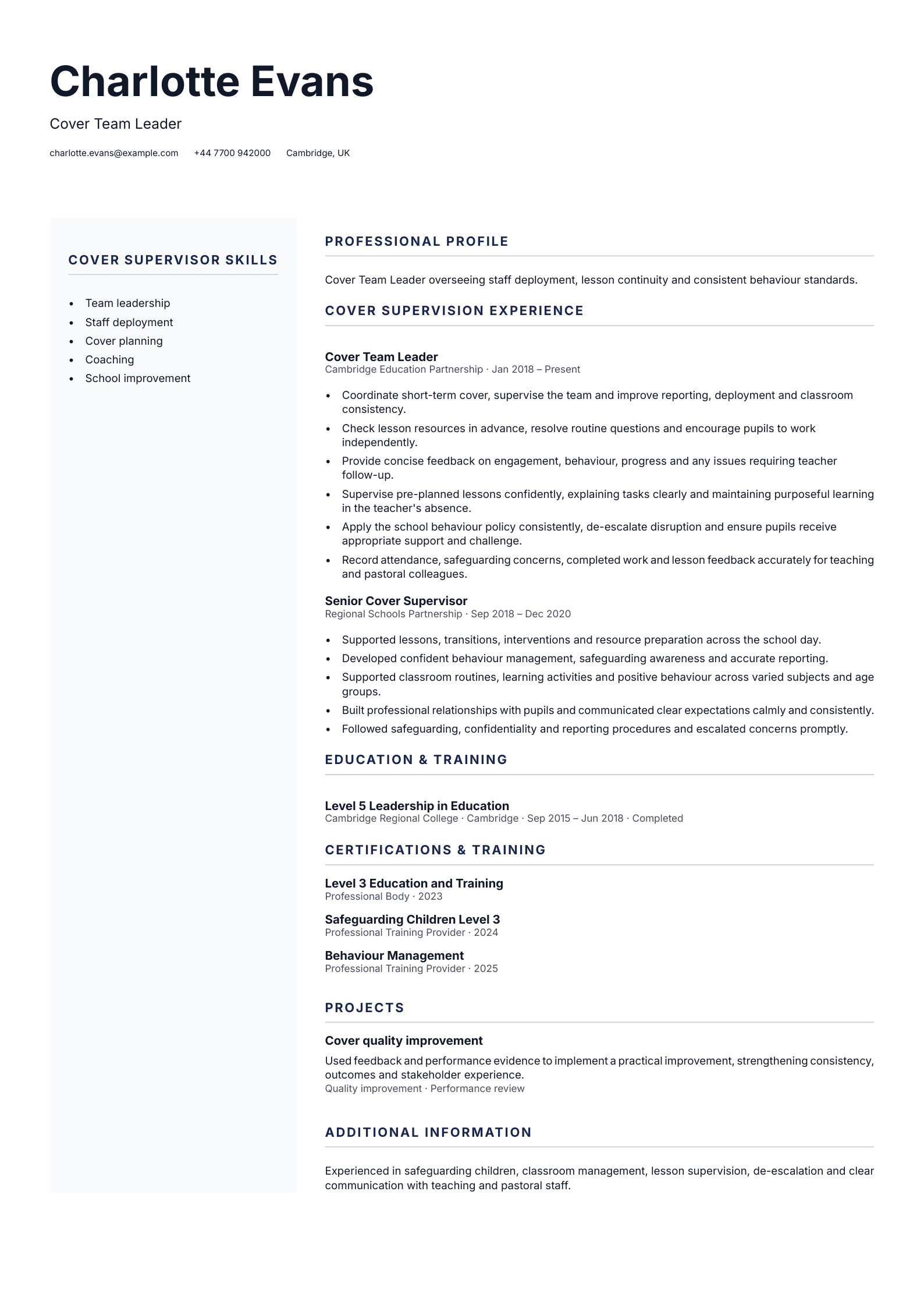 Cover Team Leader CV template
