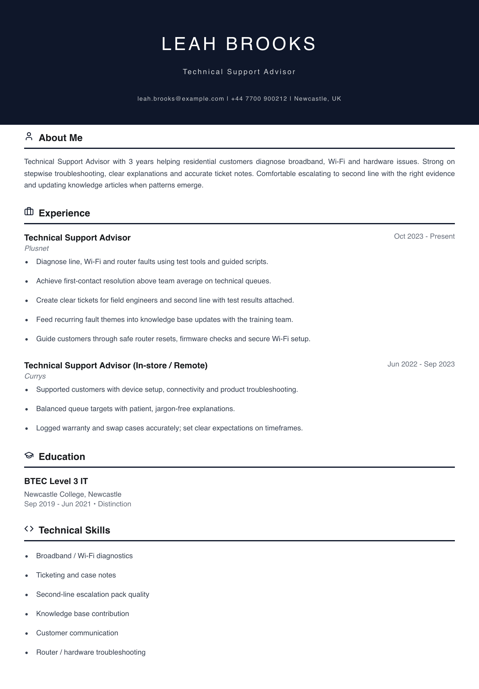 technical support advisor cv template