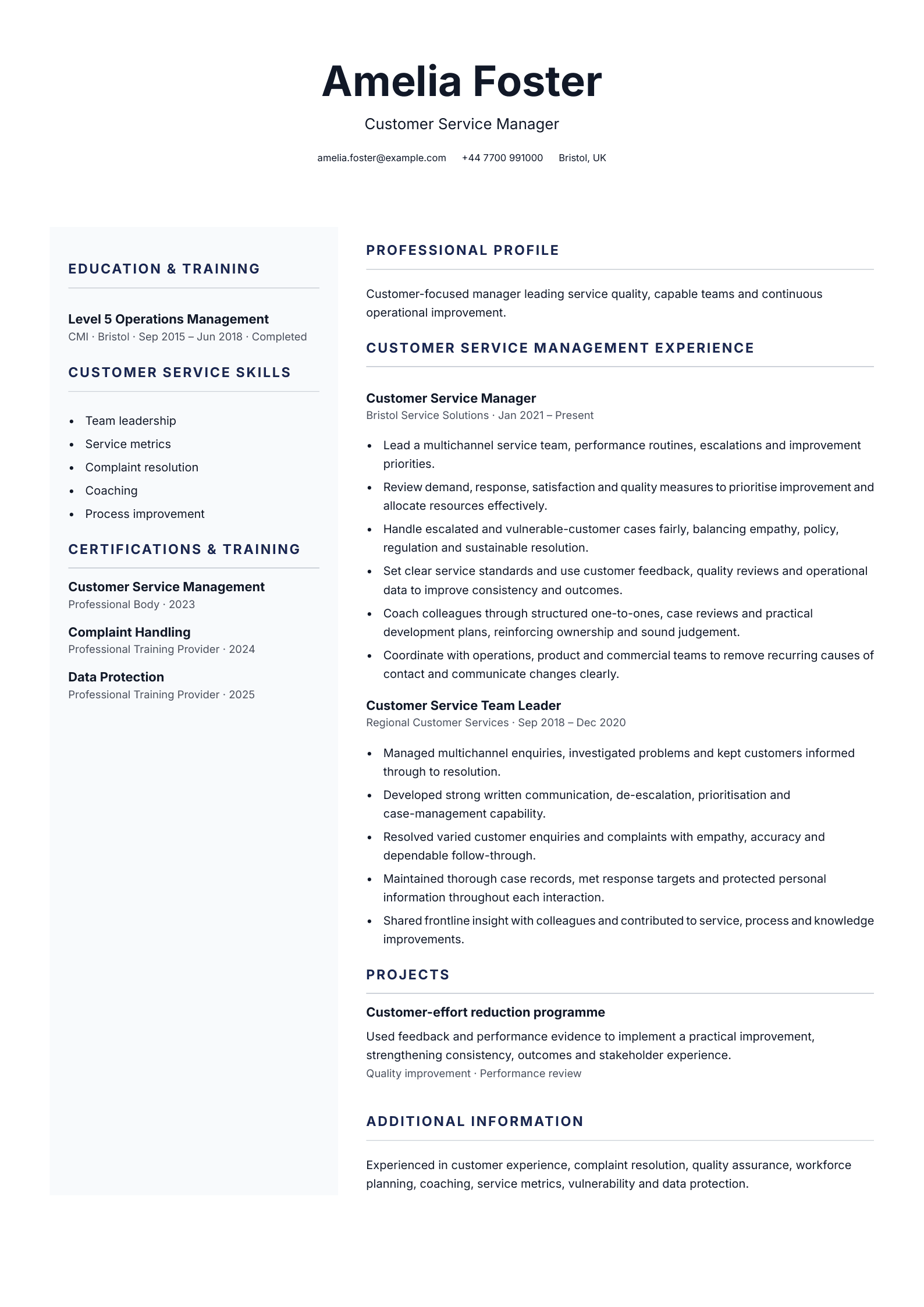 Customer service manager CV