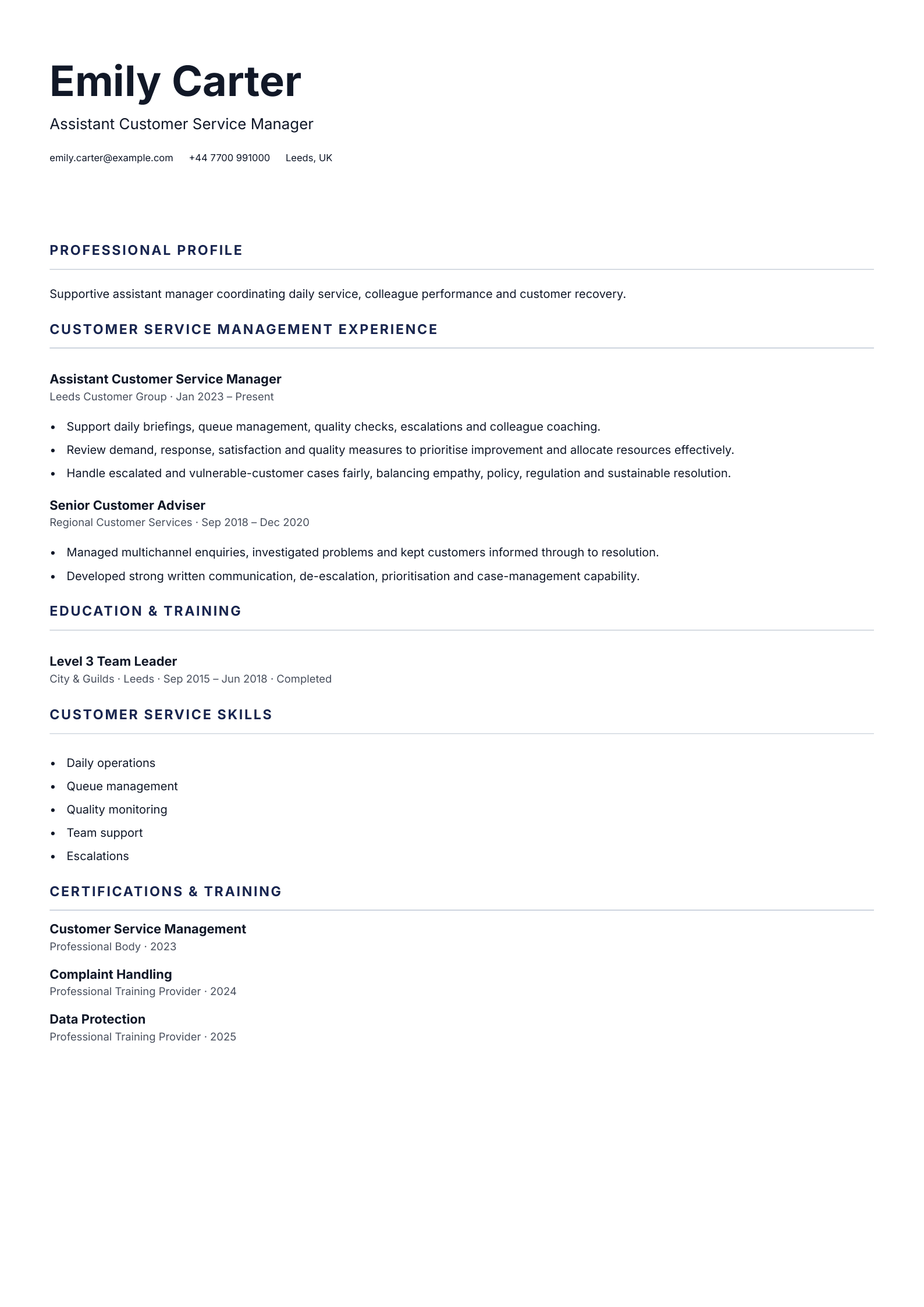 Assistant Customer Service Manager CV template