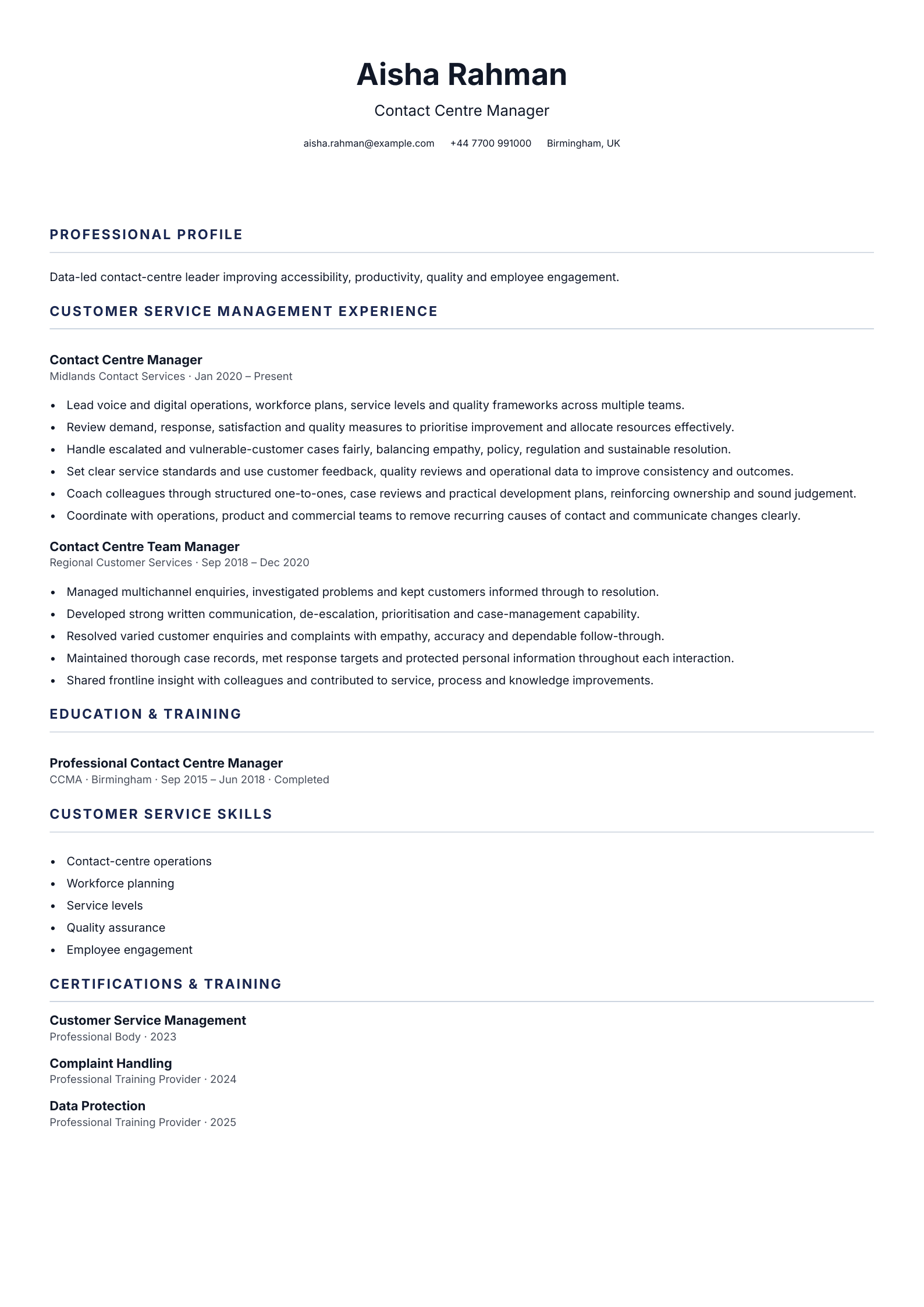 Contact Centre Manager CV template